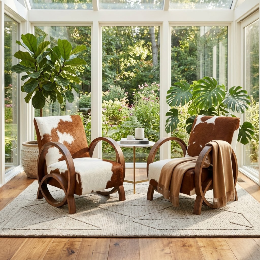 Handcrafted Moroccan Walnut Wood & Cowhide Lounge Chair
