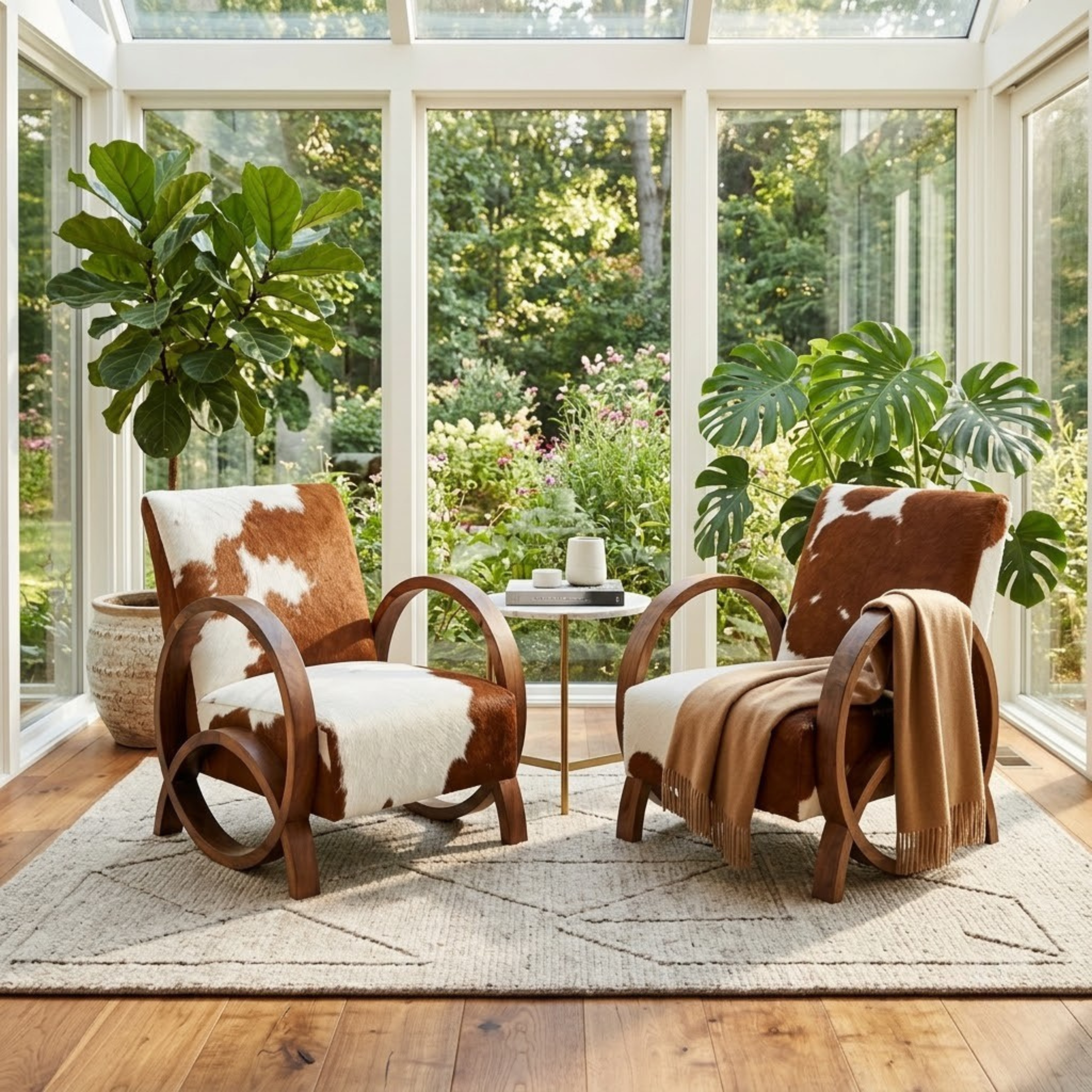 Handcrafted Moroccan Walnut Wood & Cowhide Lounge Chair