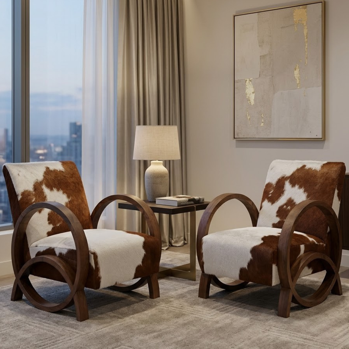 Handcrafted Moroccan Walnut Wood & Cowhide Lounge Chair