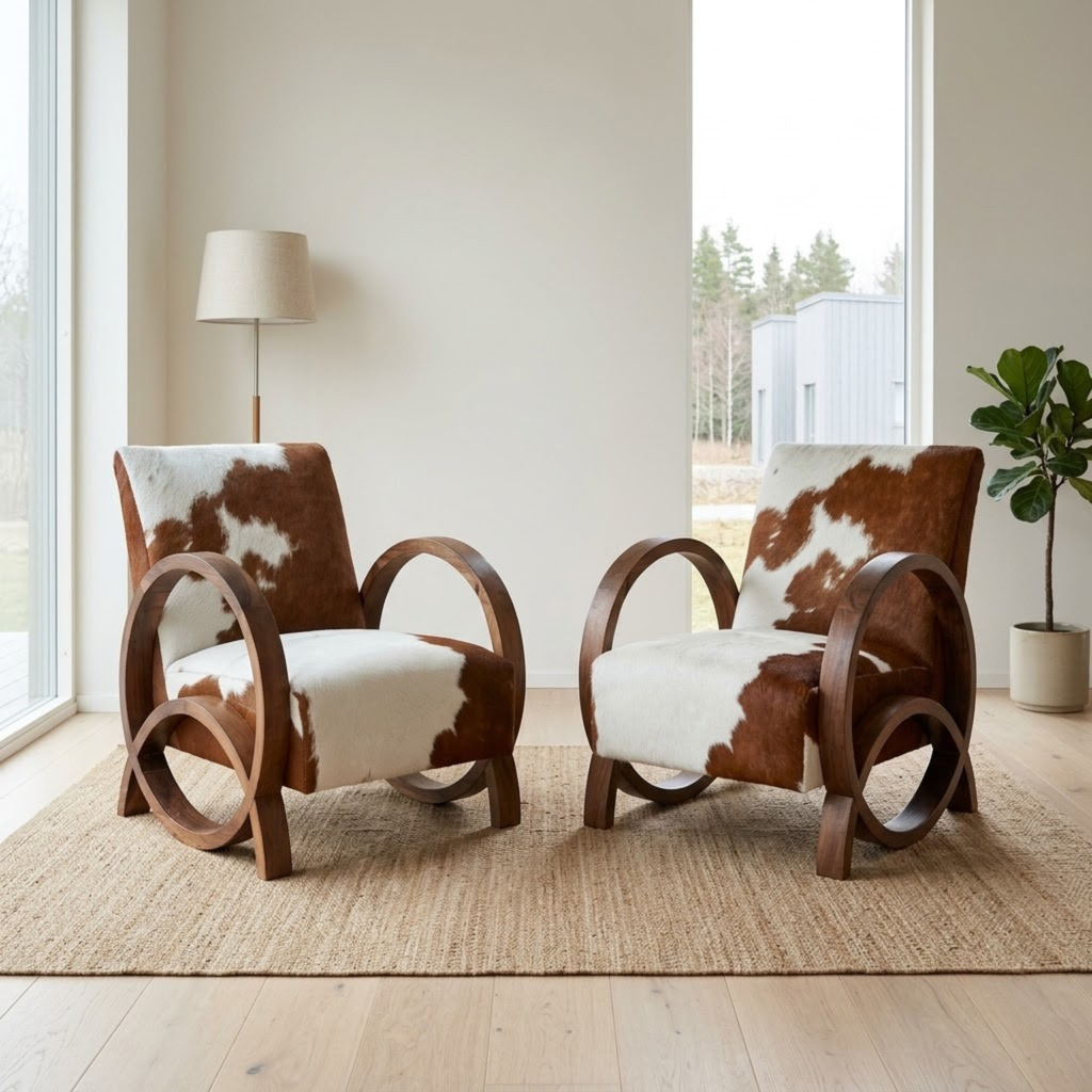 Handcrafted Moroccan Walnut Wood & Cowhide Lounge Chair