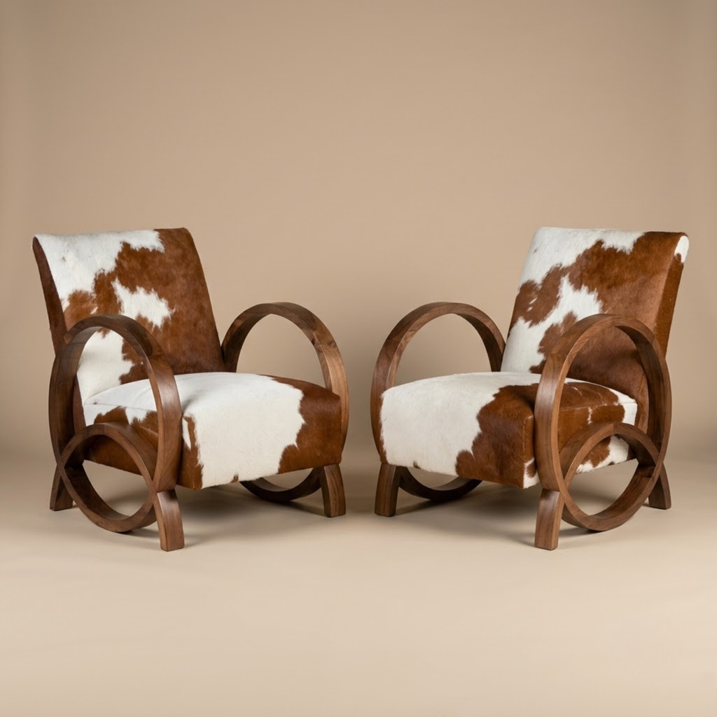 Handcrafted Moroccan Walnut Wood & Cowhide Lounge Chair