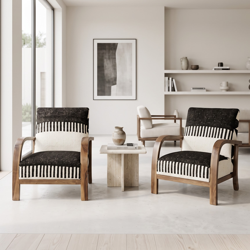 Handmade Moroccan Solid Walnut Armchair – Black & White Berber Kilim Fabric