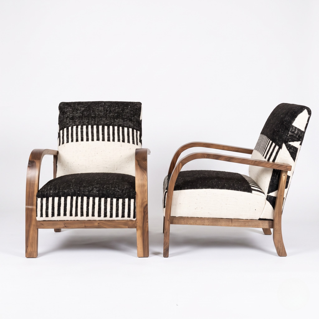Handmade Moroccan Solid Walnut Armchair – Black & White Berber Kilim Fabric