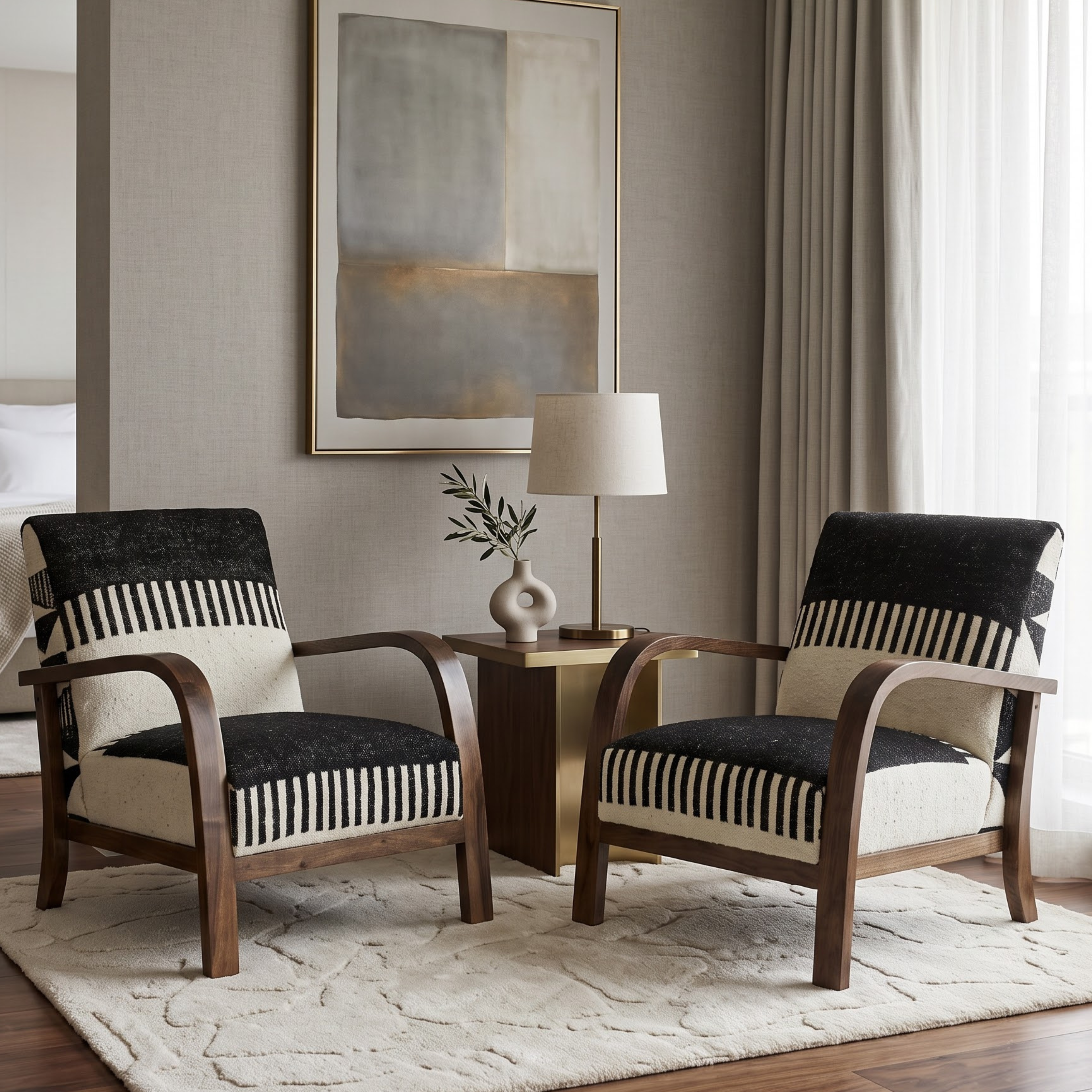Handmade Moroccan Solid Walnut Armchair – Black & White Berber Kilim Fabric