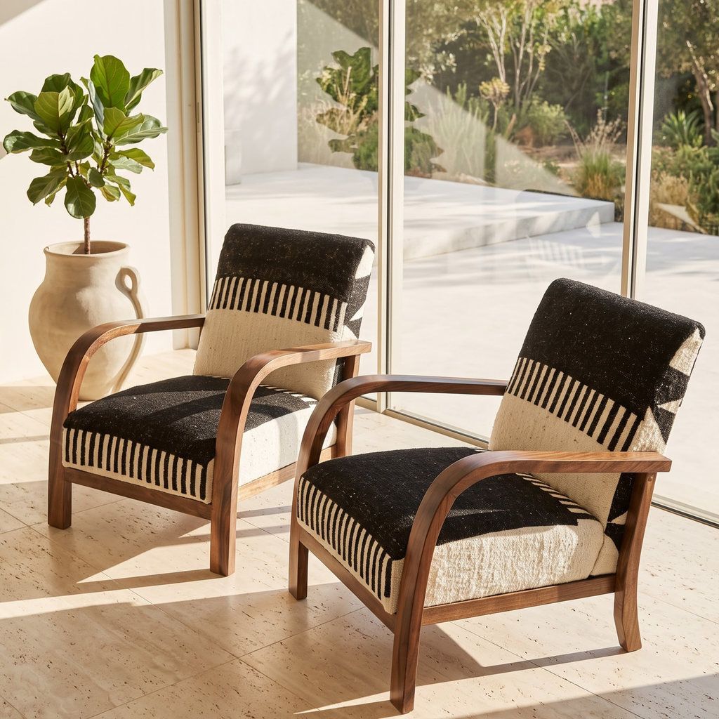 Handmade Moroccan Solid Walnut Armchair – Black & White Berber Kilim Fabric