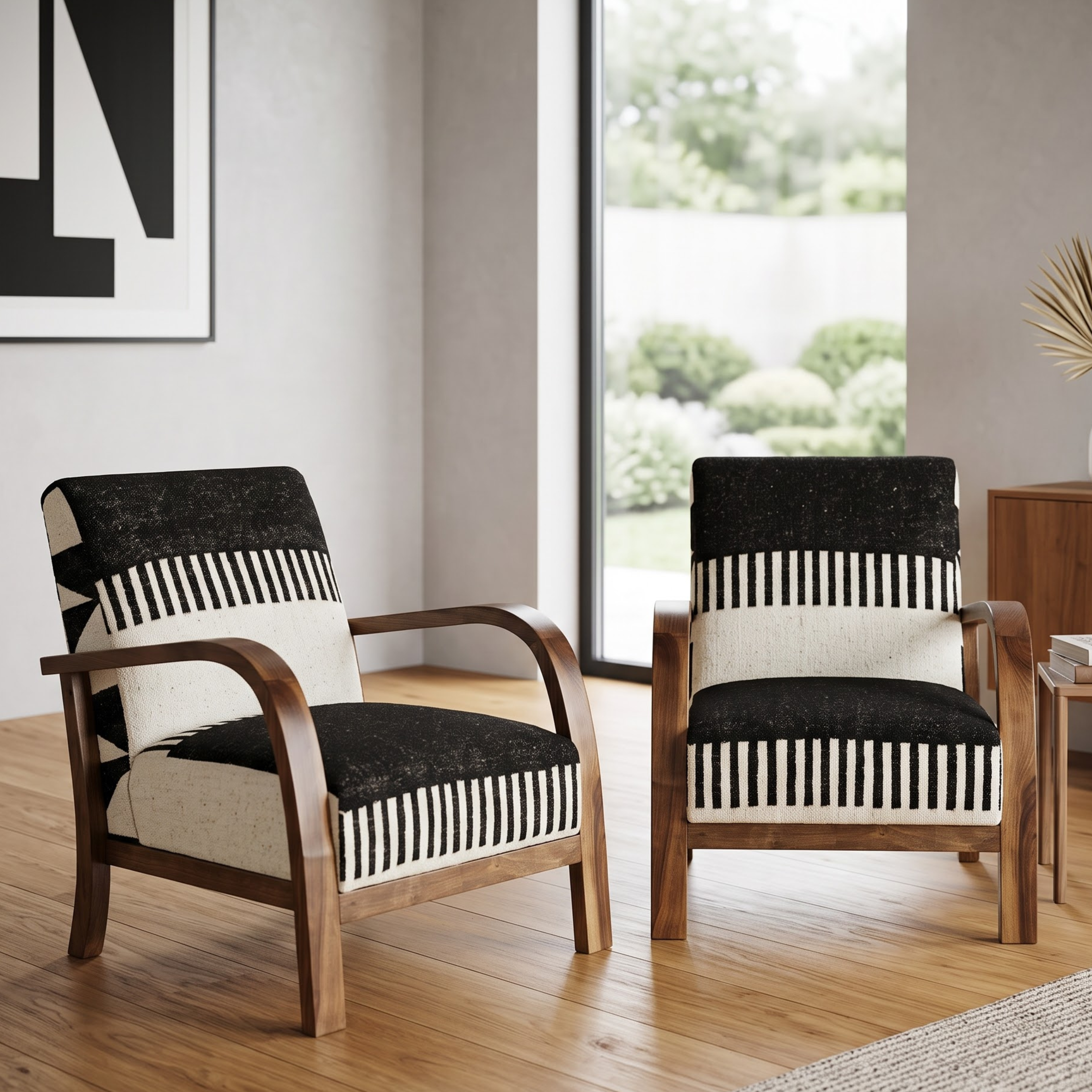 Handmade Moroccan Solid Walnut Armchair – Black & White Berber Kilim Fabric
