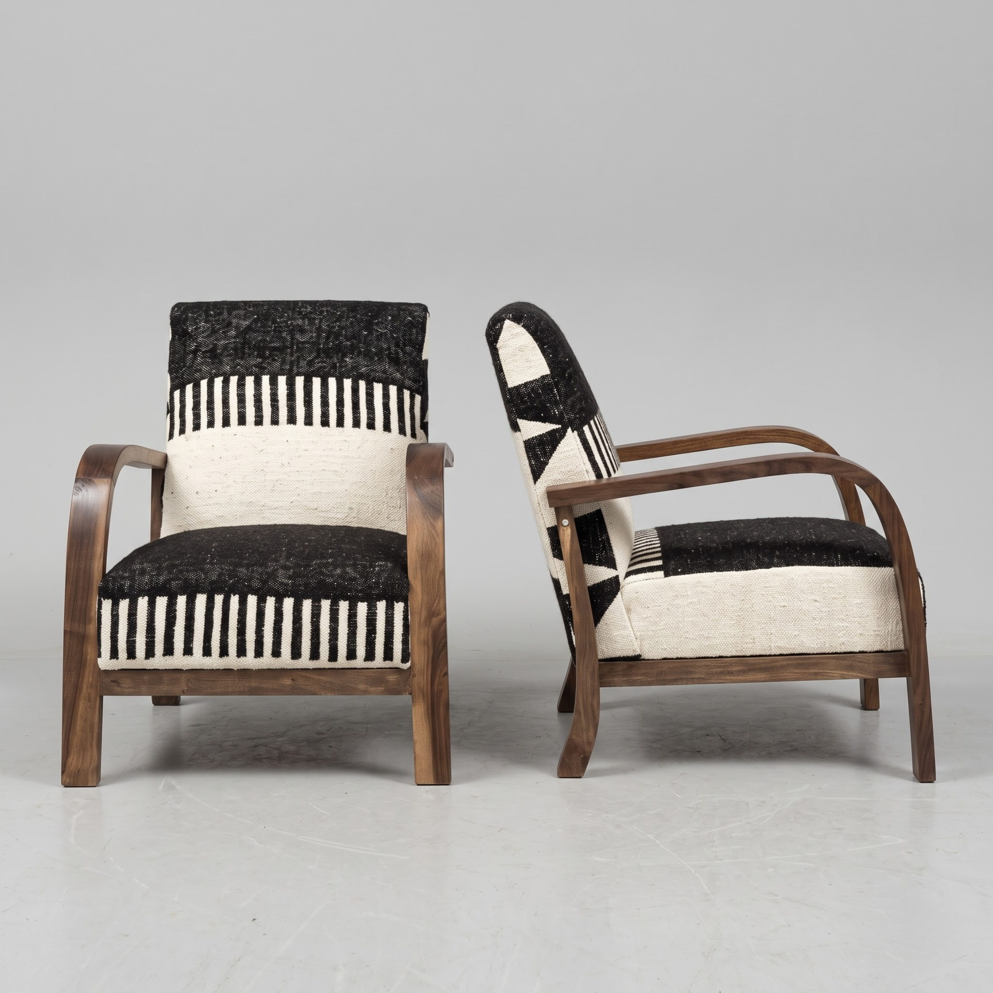 Handmade Moroccan Solid Walnut Armchair – Black & White Berber Kilim Fabric
