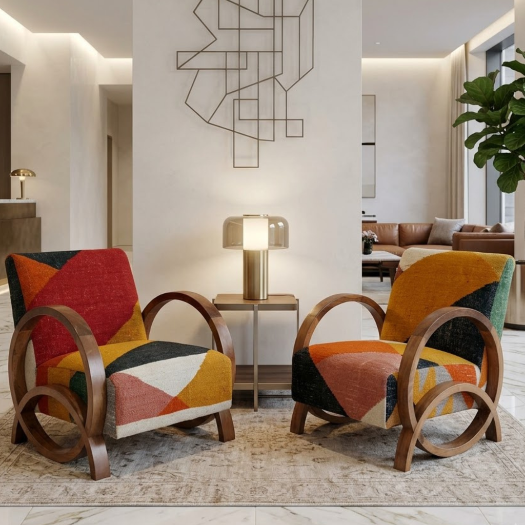 Handcrafted Moroccan Accent Chair in Walnut Wood – Geometric Pattern & Bentwood Frame