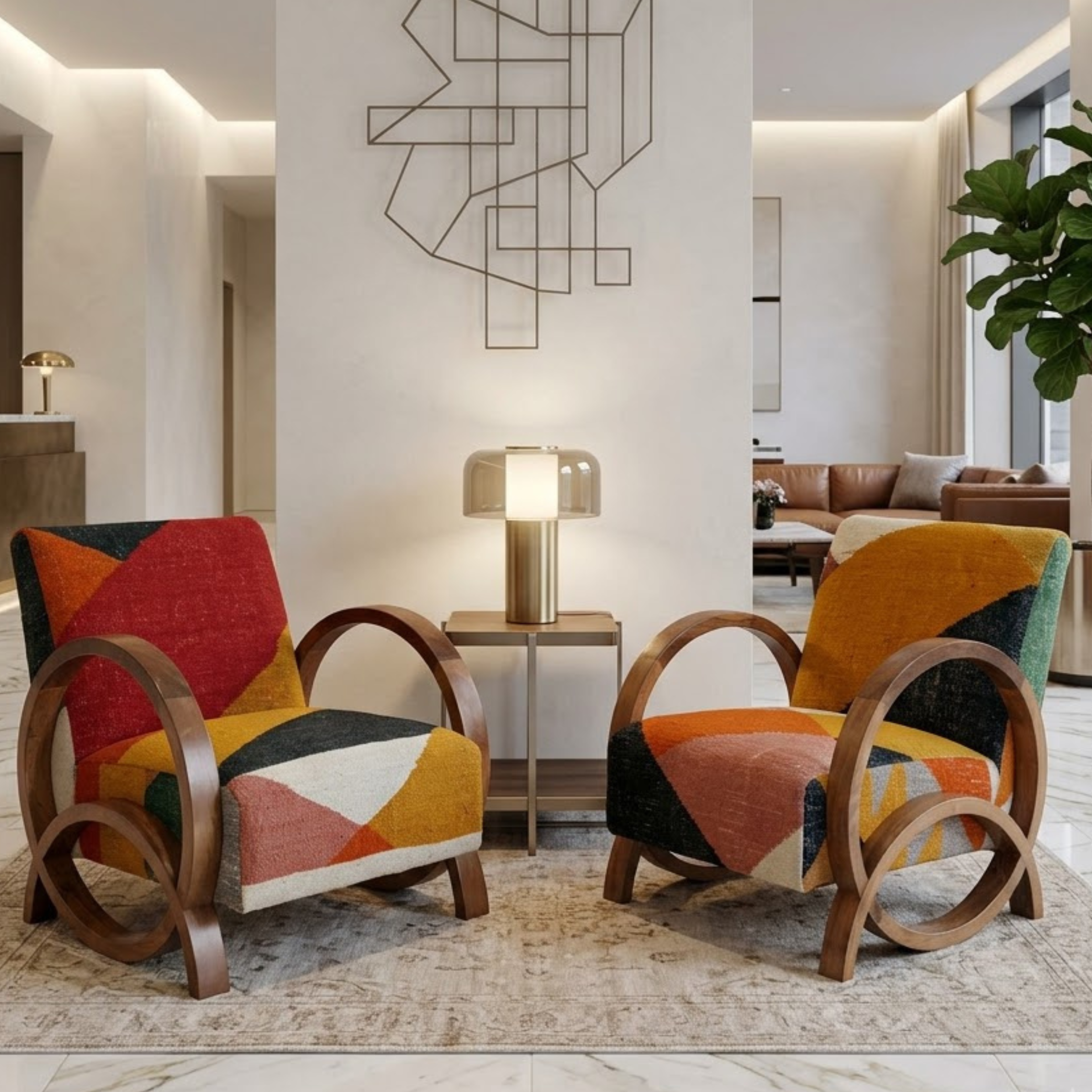 Handcrafted Moroccan Accent Chair in Walnut Wood – Geometric Pattern & Bentwood Frame