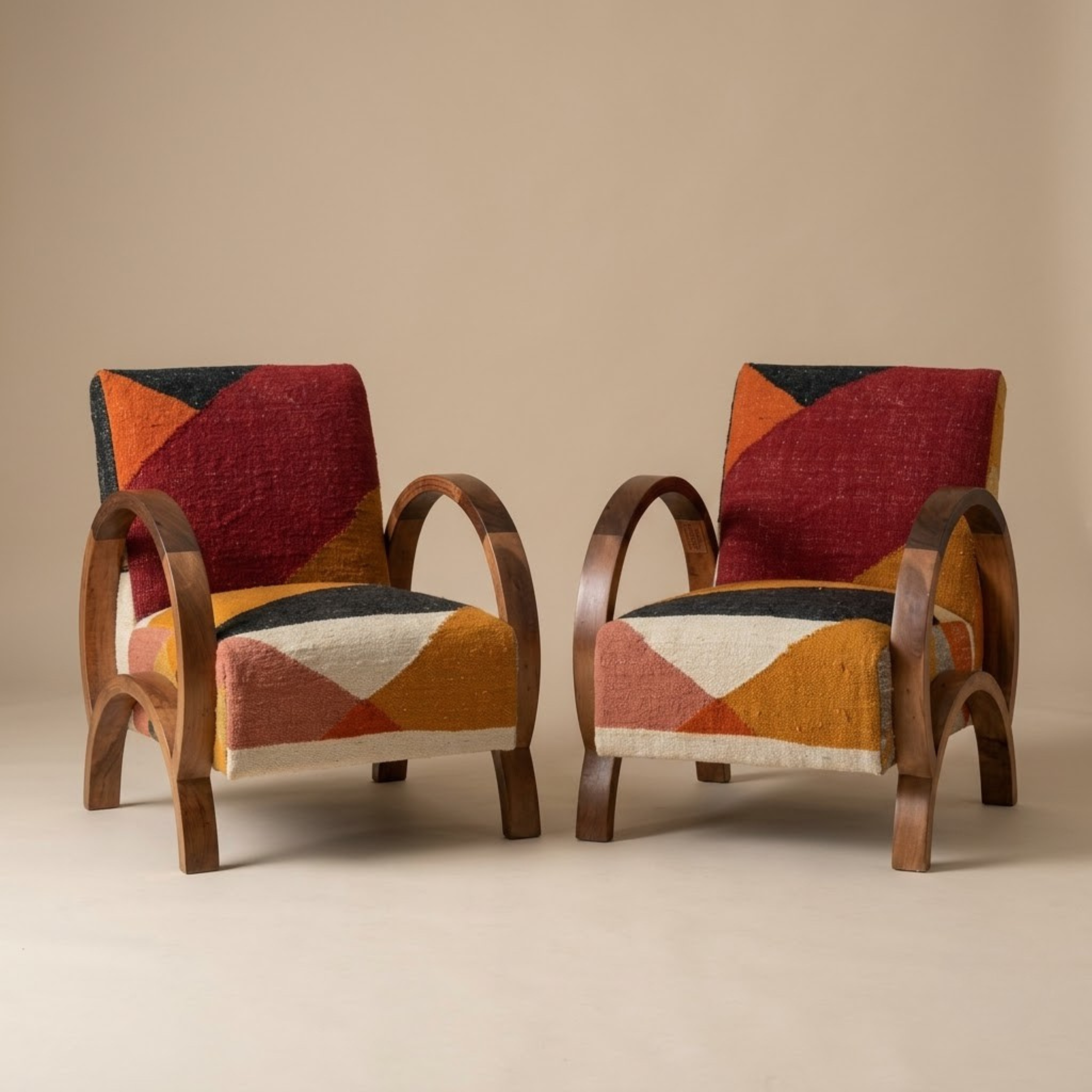 Handcrafted Moroccan Accent Chair in Walnut Wood – Geometric Pattern & Bentwood Frame