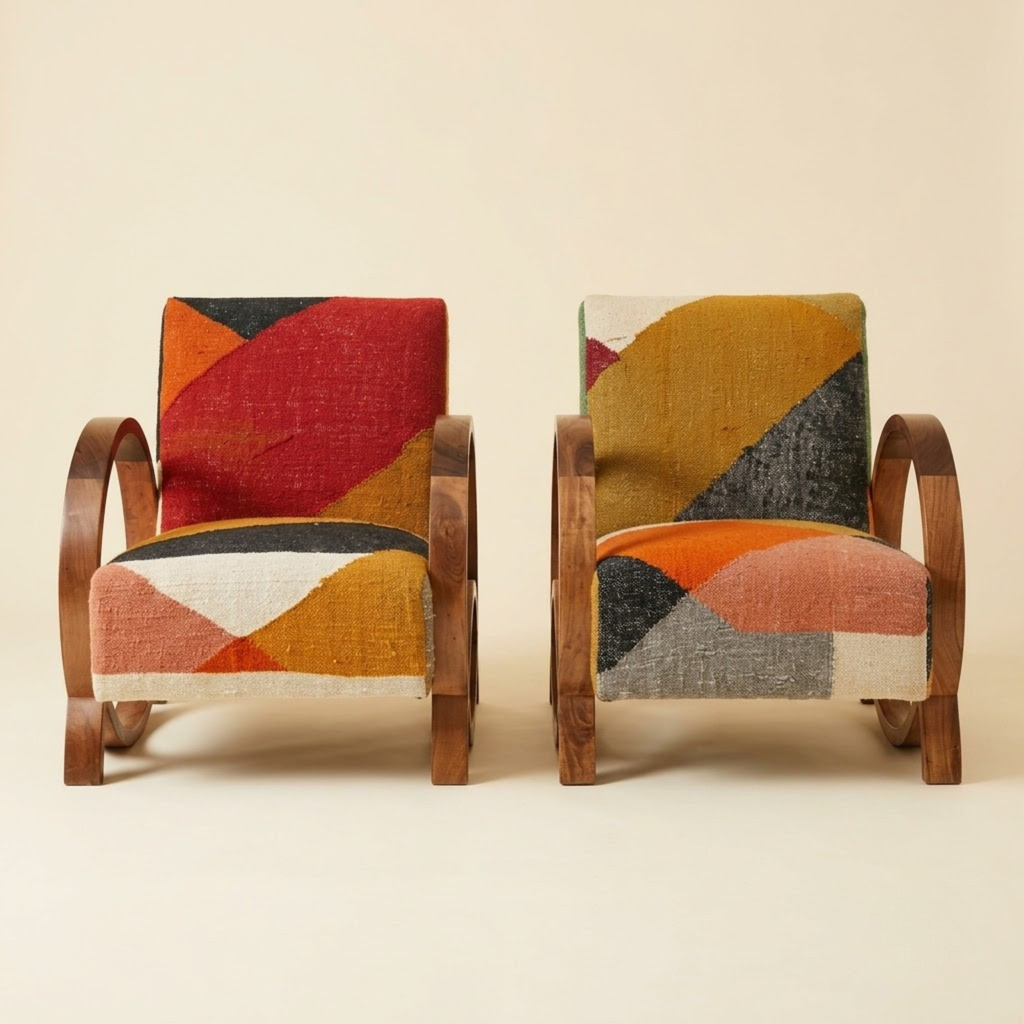Handcrafted Moroccan Accent Chair in Walnut Wood – Geometric Pattern & Bentwood Frame
