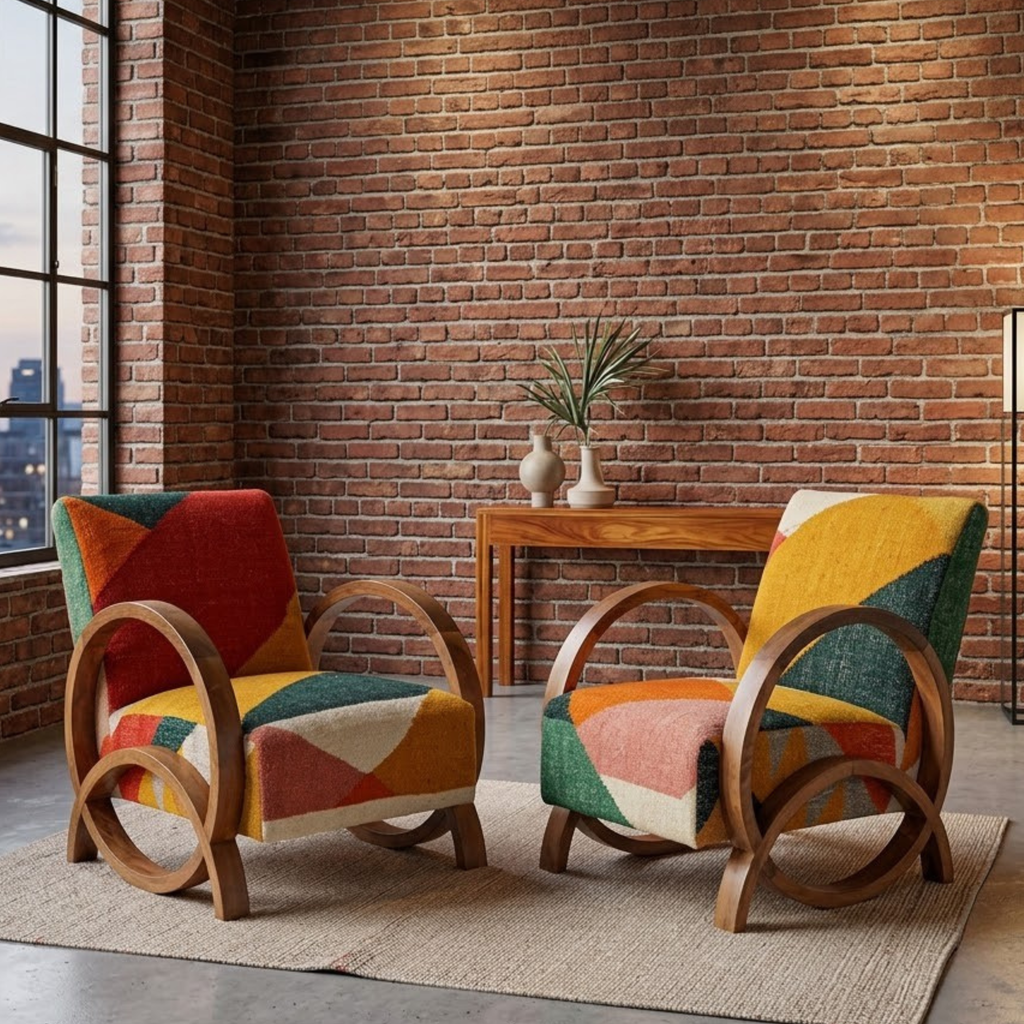 Handcrafted Moroccan Accent Chair in Walnut Wood – Geometric Pattern & Bentwood Frame