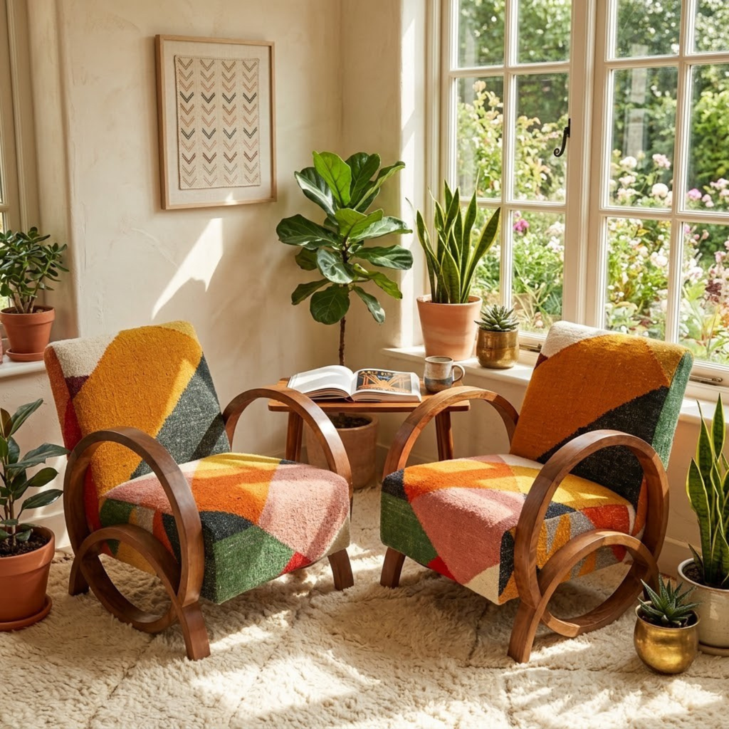 Handcrafted Moroccan Accent Chair in Walnut Wood – Geometric Pattern & Bentwood Frame
