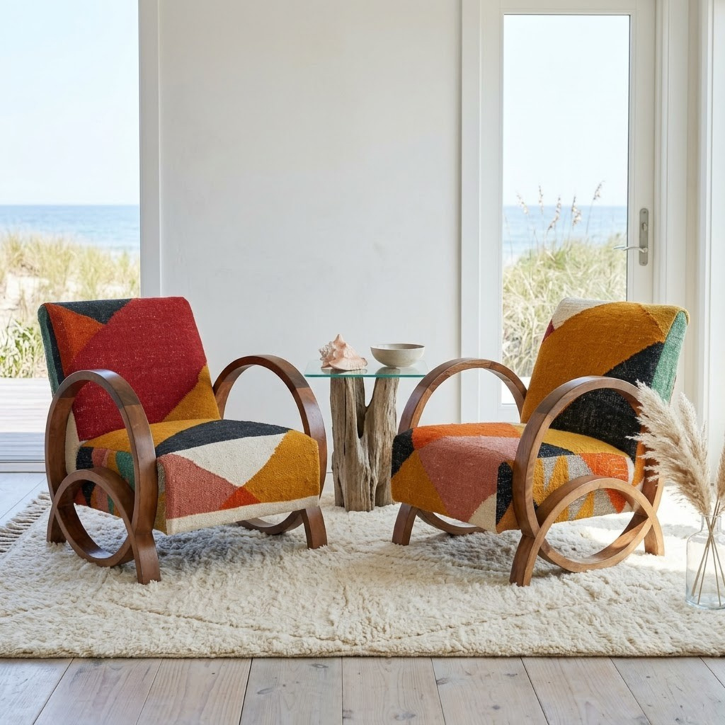 Handcrafted Moroccan Accent Chair in Walnut Wood – Geometric Pattern & Bentwood Frame