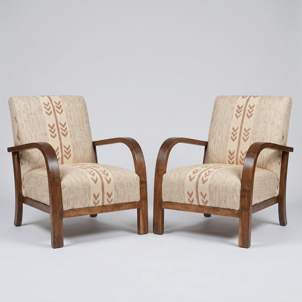 Mid-Century Accent Chair in Solid Walnut & Handwoven Sand/Beige Moroccan Textile