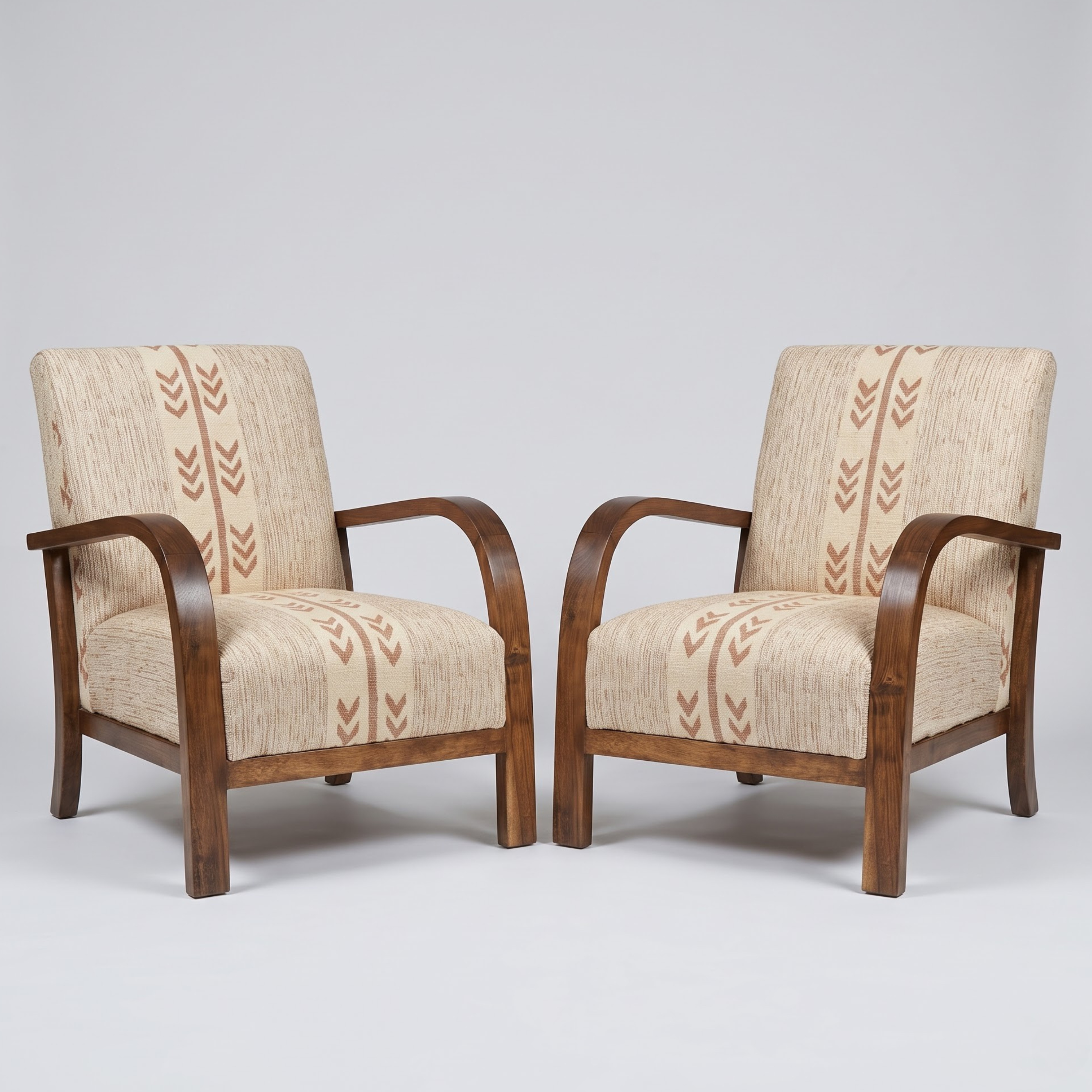 Mid-Century Accent Chair in Solid Walnut & Handwoven Sand/Beige Moroccan Textile