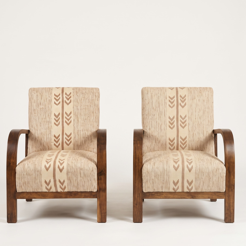 Mid-Century Accent Chair in Solid Walnut & Handwoven Sand/Beige Moroccan Textile