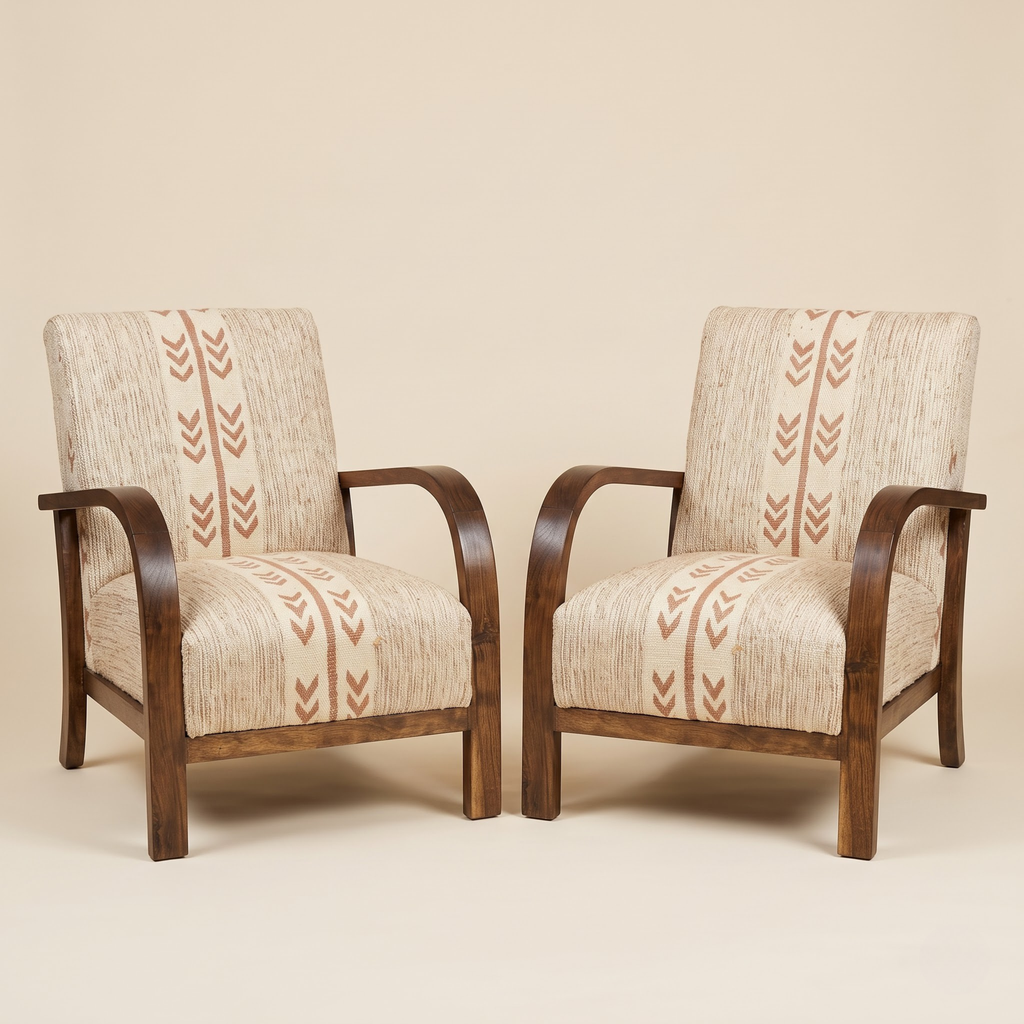 Mid-Century Accent Chair in Solid Walnut & Handwoven Sand/Beige Moroccan Textile