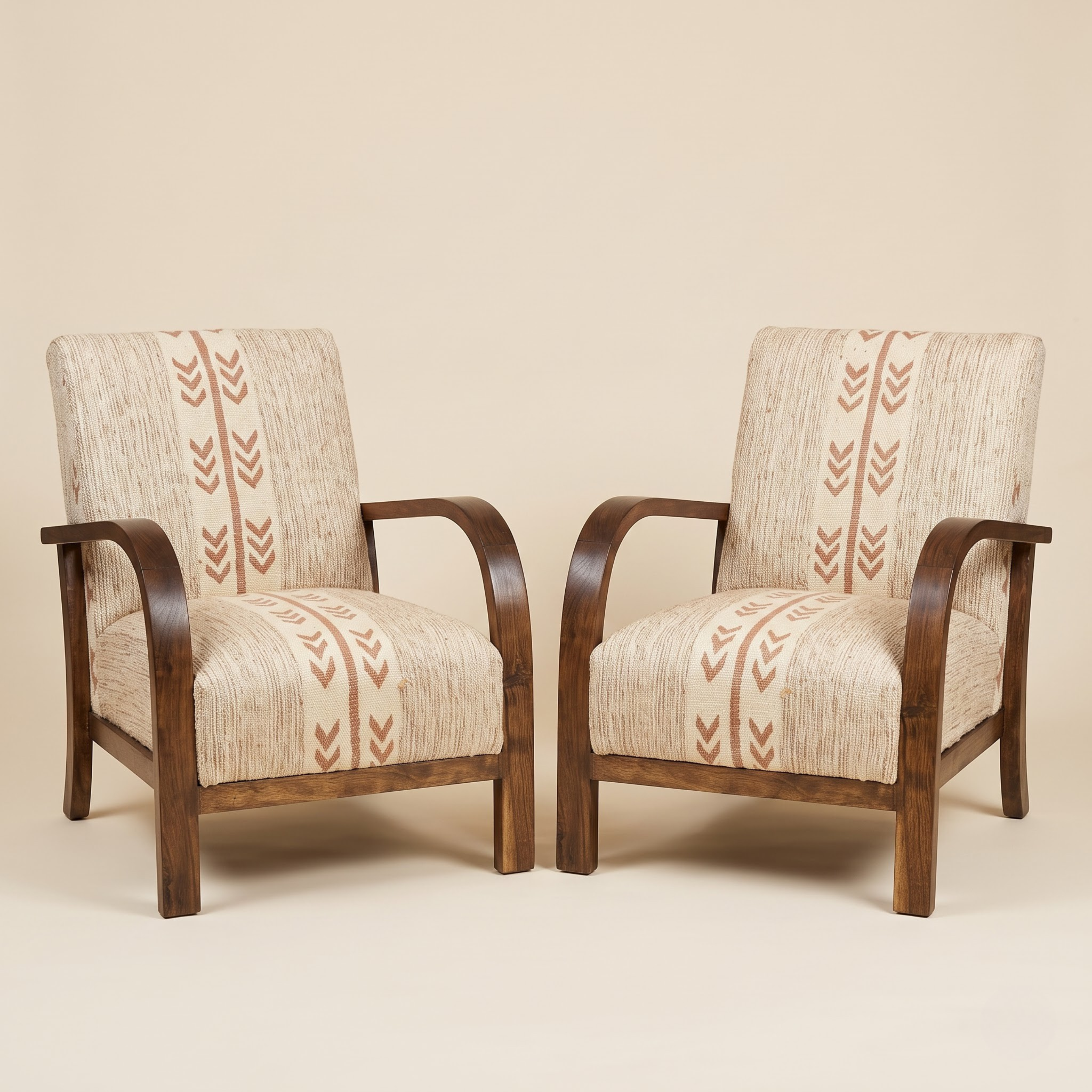 Mid-Century Accent Chair in Solid Walnut & Handwoven Sand/Beige Moroccan Textile