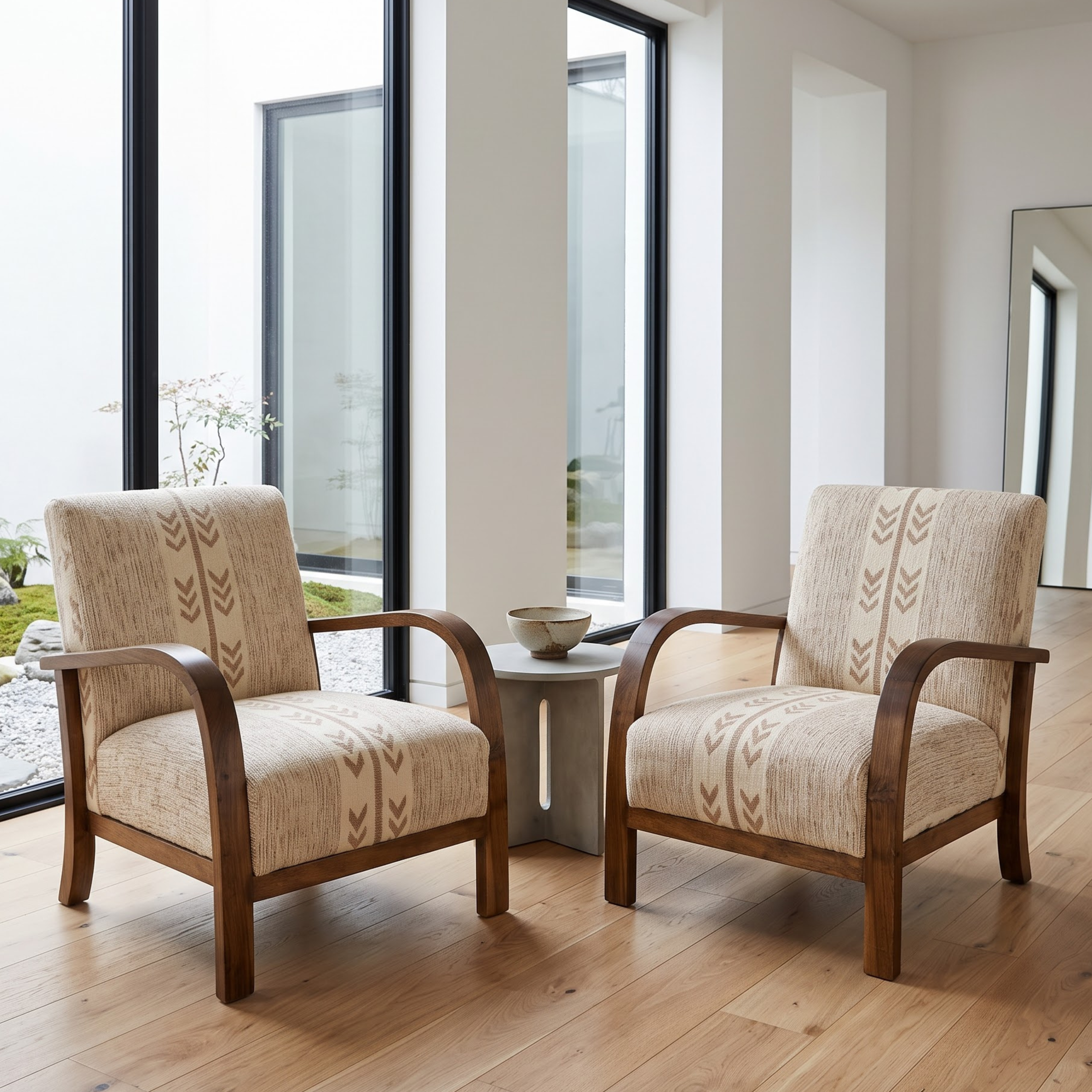 Mid-Century Accent Chair in Solid Walnut & Handwoven Sand/Beige Moroccan Textile
