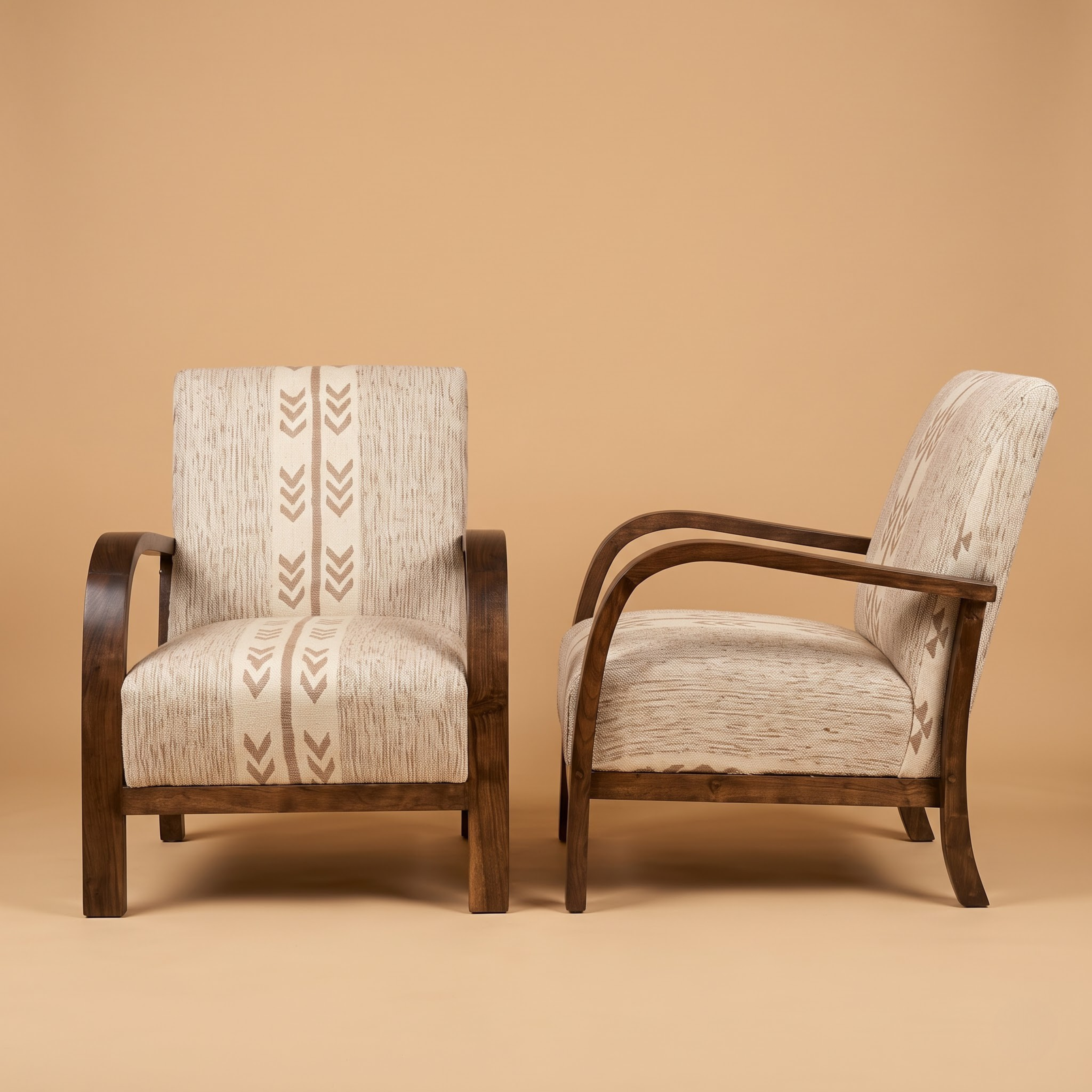 Mid-Century Accent Chair in Solid Walnut & Handwoven Sand/Beige Moroccan Textile