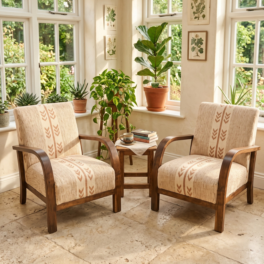 Mid-Century Accent Chair in Solid Walnut & Handwoven Sand/Beige Moroccan Textile
