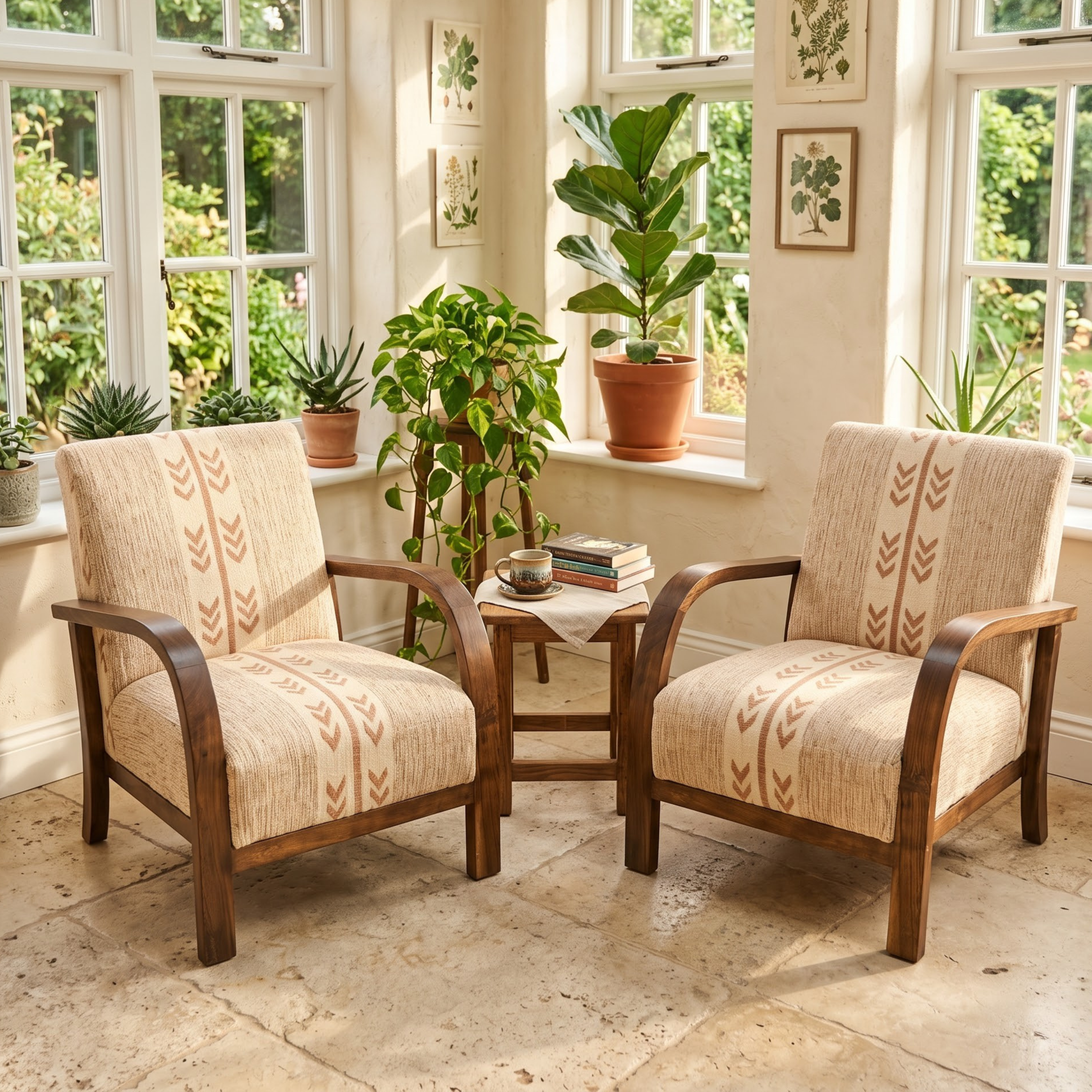 Mid-Century Accent Chair in Solid Walnut & Handwoven Sand/Beige Moroccan Textile