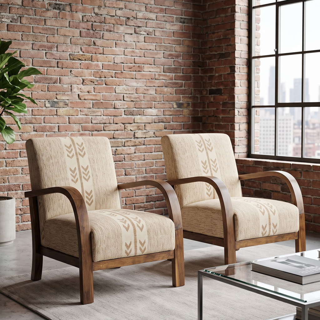 Mid-Century Accent Chair in Solid Walnut & Handwoven Sand/Beige Moroccan Textile