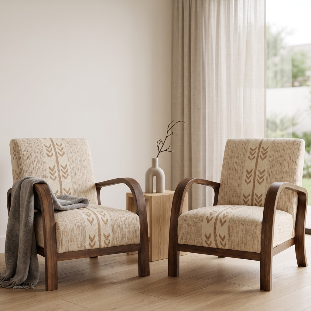 Mid-Century Accent Chair in Solid Walnut & Handwoven Sand/Beige Moroccan Textile