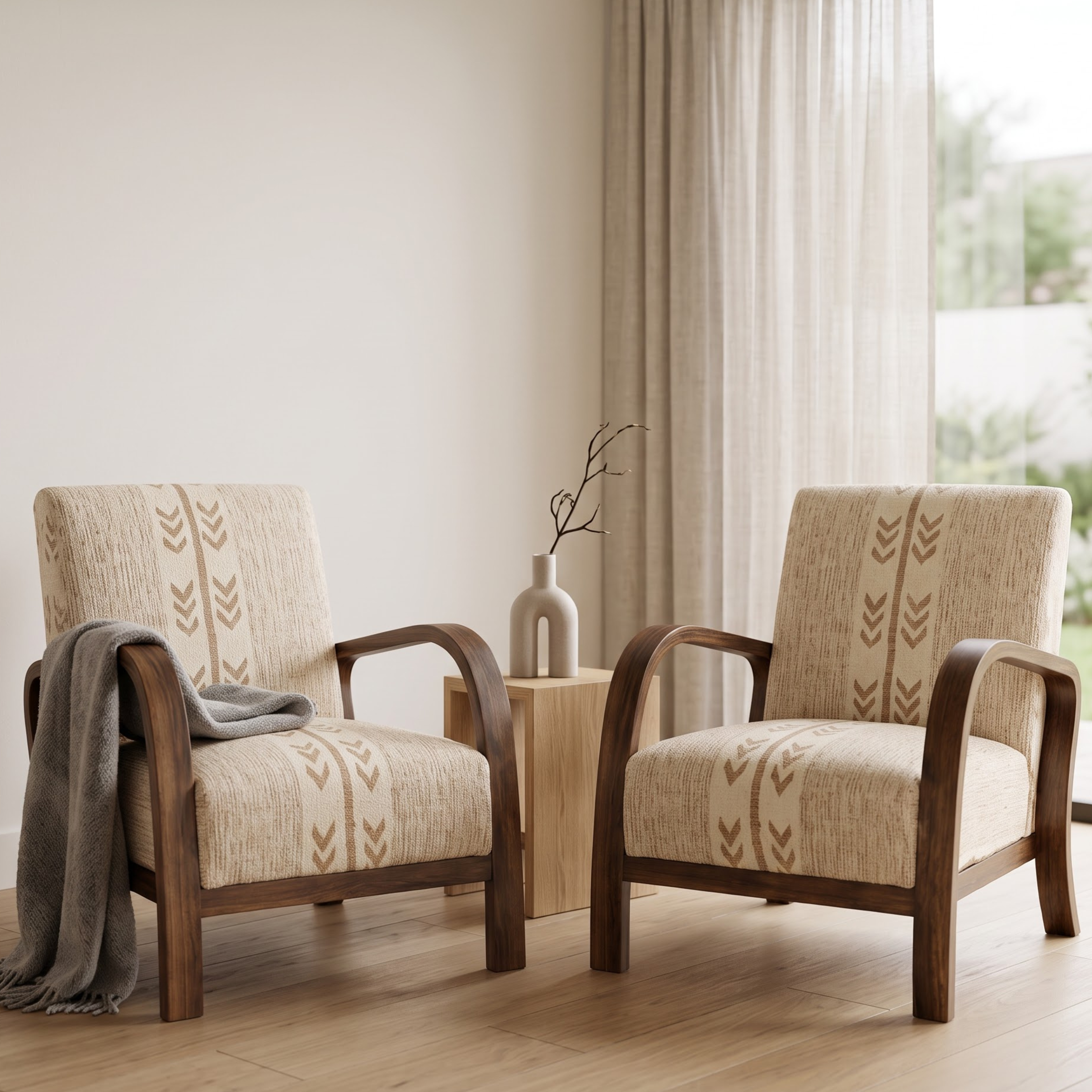 Mid-Century Accent Chair in Solid Walnut & Handwoven Sand/Beige Moroccan Textile