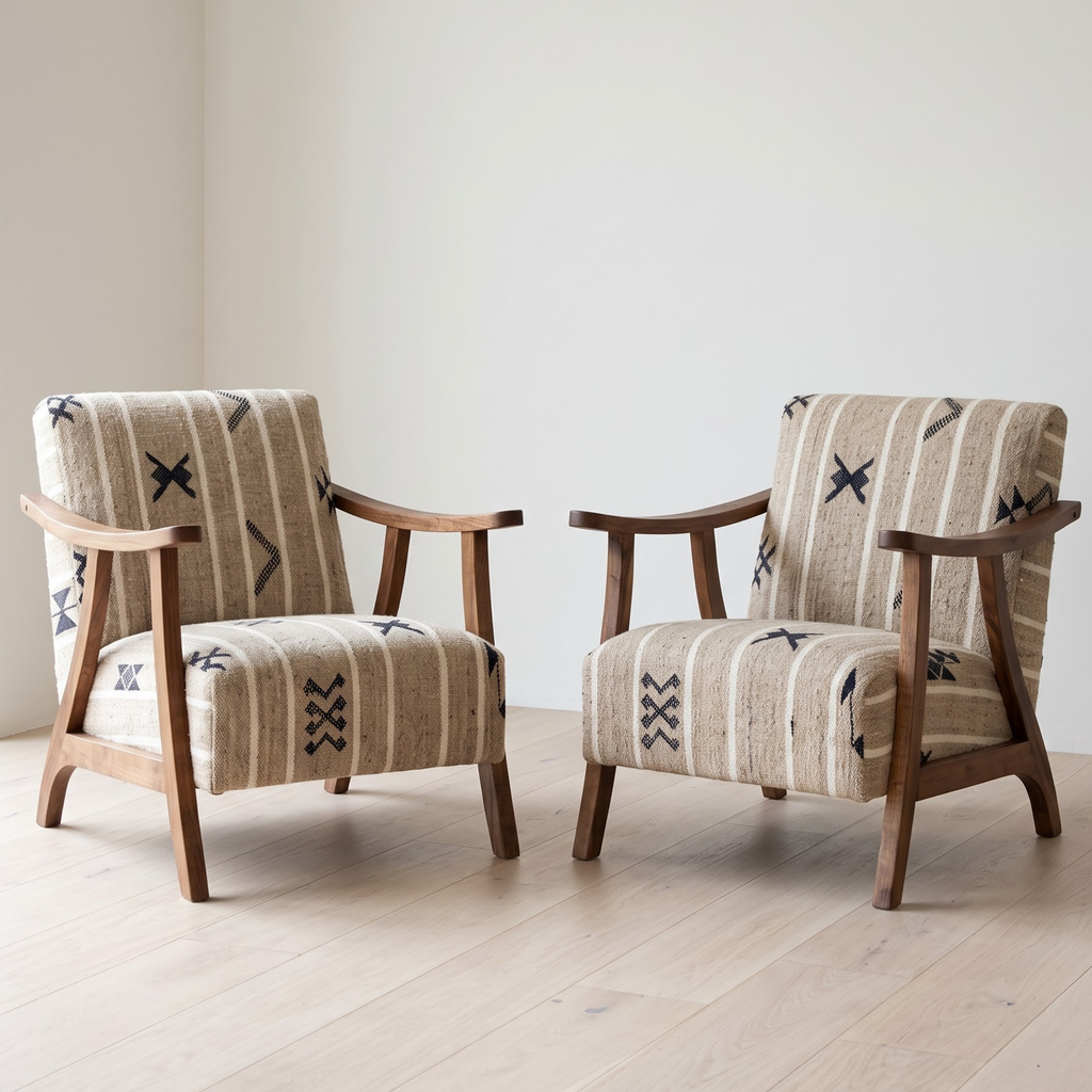 Handmade Moroccan Solid Walnut Armchair – Neutral Tribal Symbol Berber Kilim