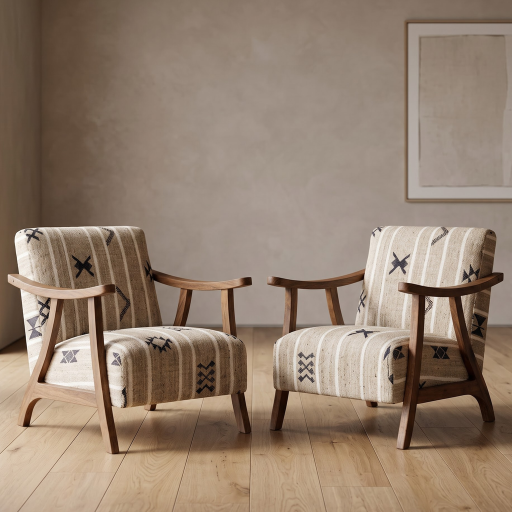 Handmade Moroccan Solid Walnut Armchair – Neutral Tribal Symbol Berber Kilim