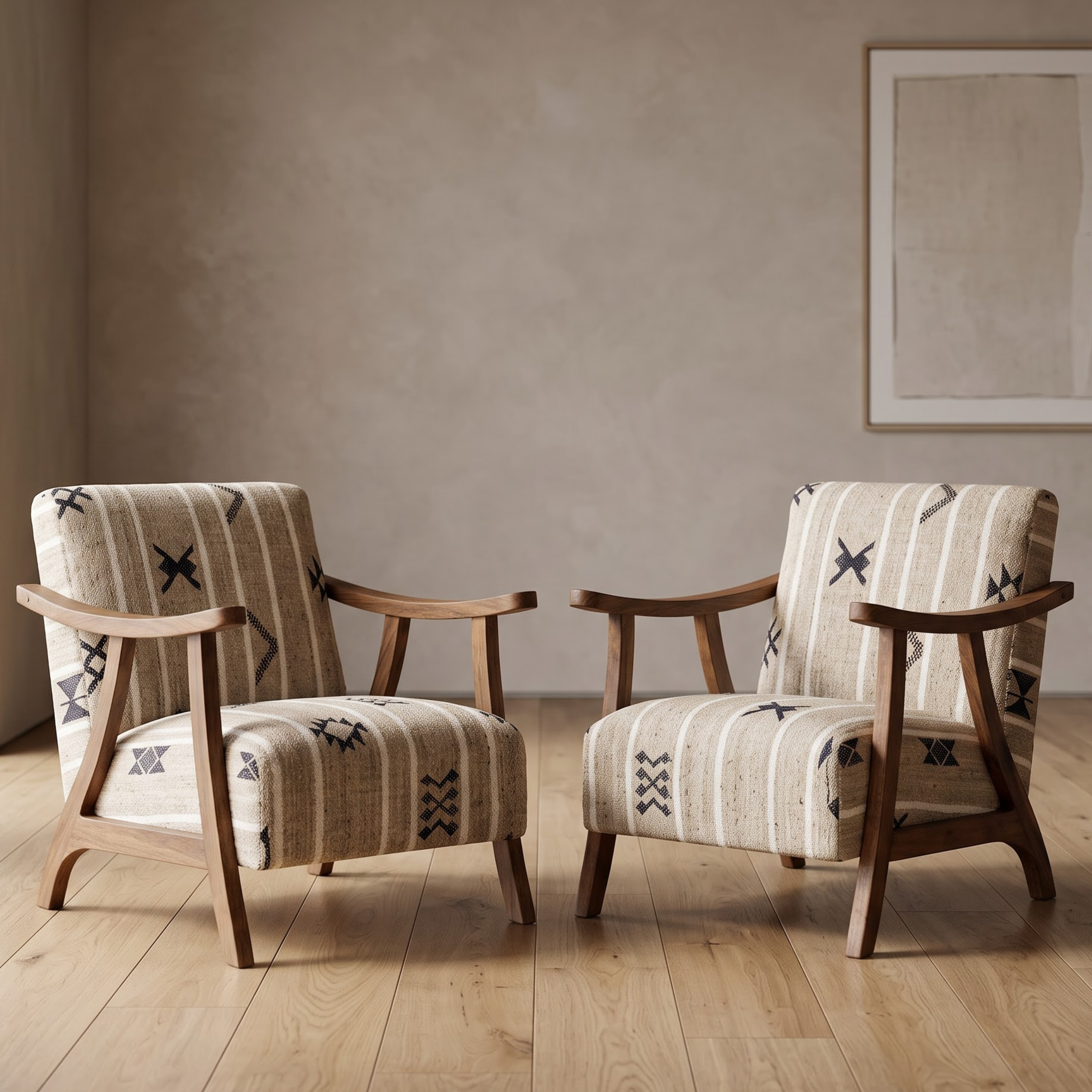 Handmade Moroccan Solid Walnut Armchair – Neutral Tribal Symbol Berber Kilim