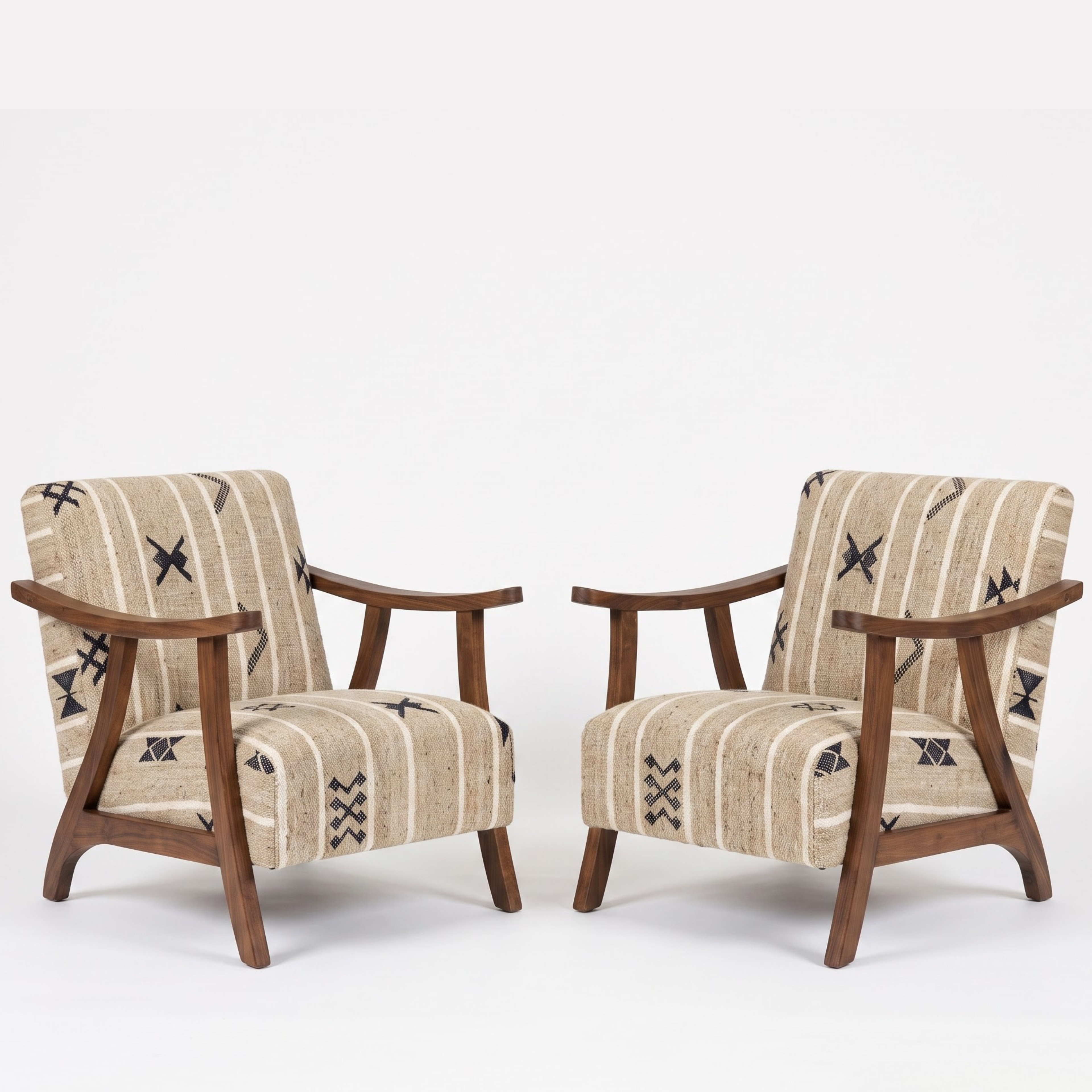 Handmade Moroccan Solid Walnut Armchair – Neutral Tribal Symbol Berber Kilim