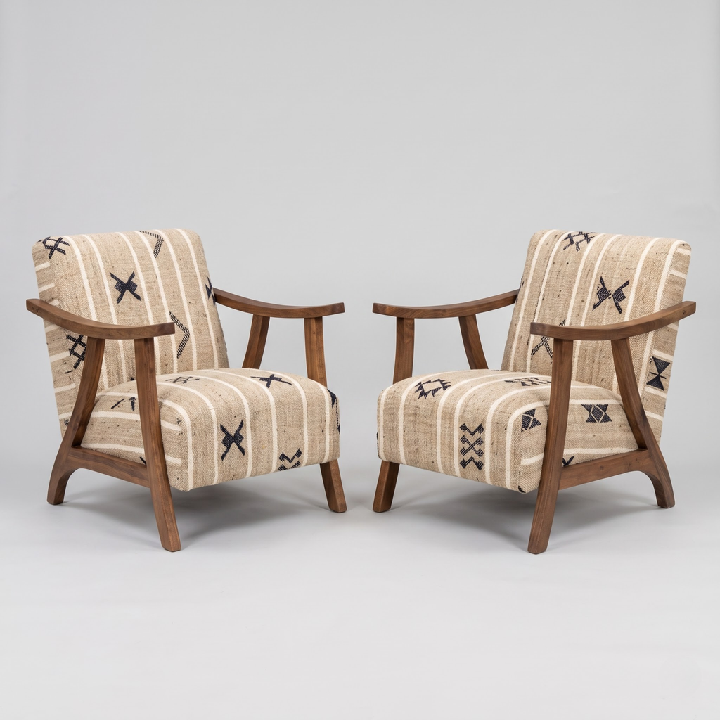Handmade Moroccan Solid Walnut Armchair – Neutral Tribal Symbol Berber Kilim