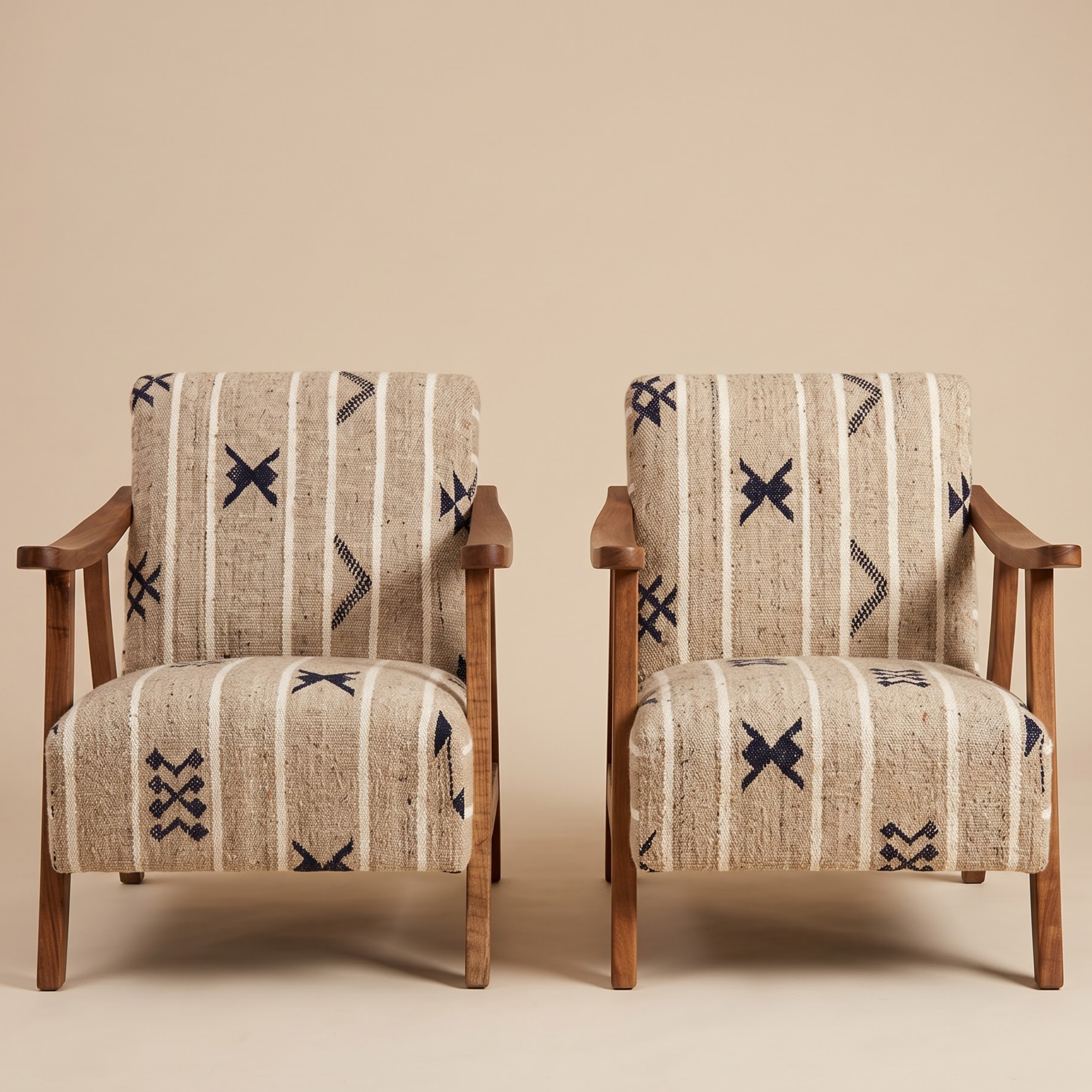 Handmade Moroccan Solid Walnut Armchair – Neutral Tribal Symbol Berber Kilim