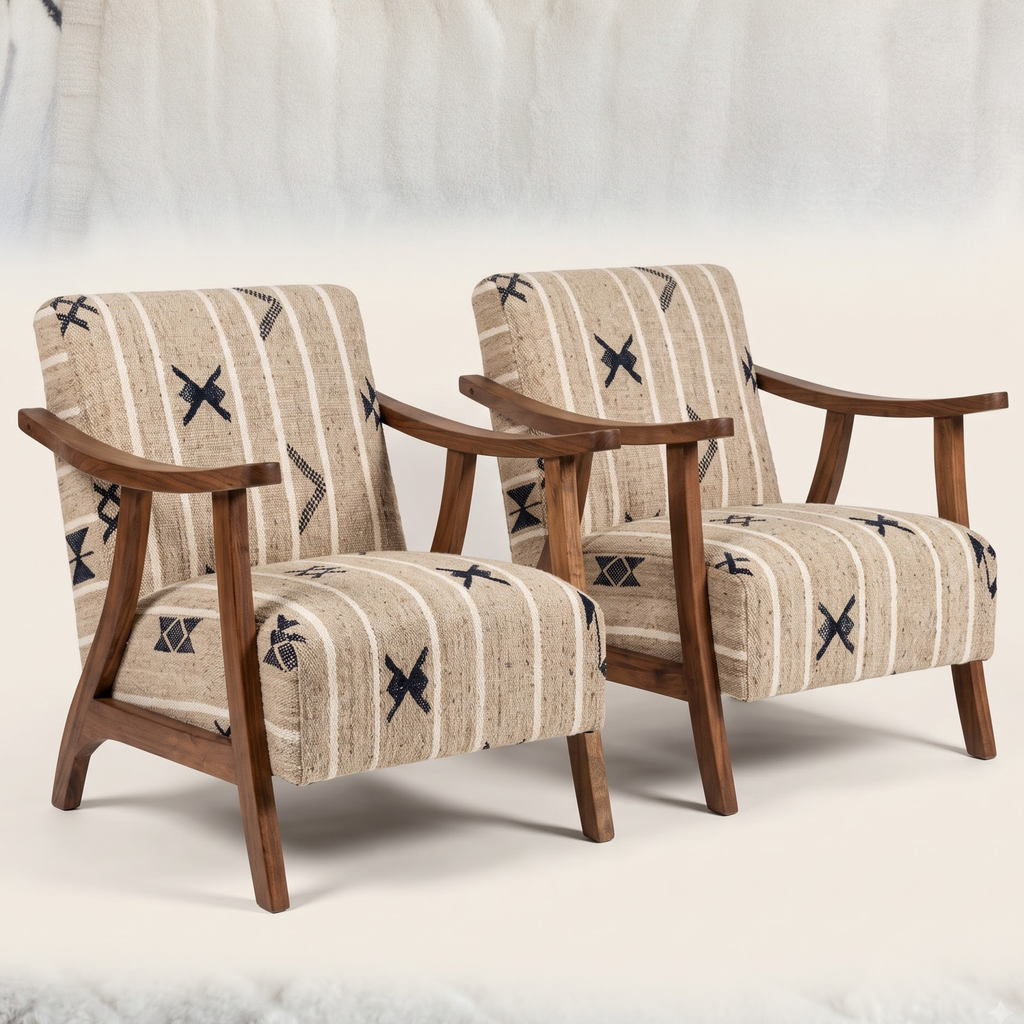 Handmade Moroccan Solid Walnut Armchair – Neutral Tribal Symbol Berber Kilim