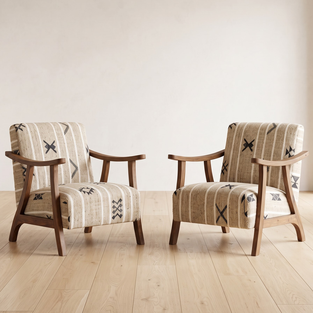 Handmade Moroccan Solid Walnut Armchair – Neutral Tribal Symbol Berber Kilim