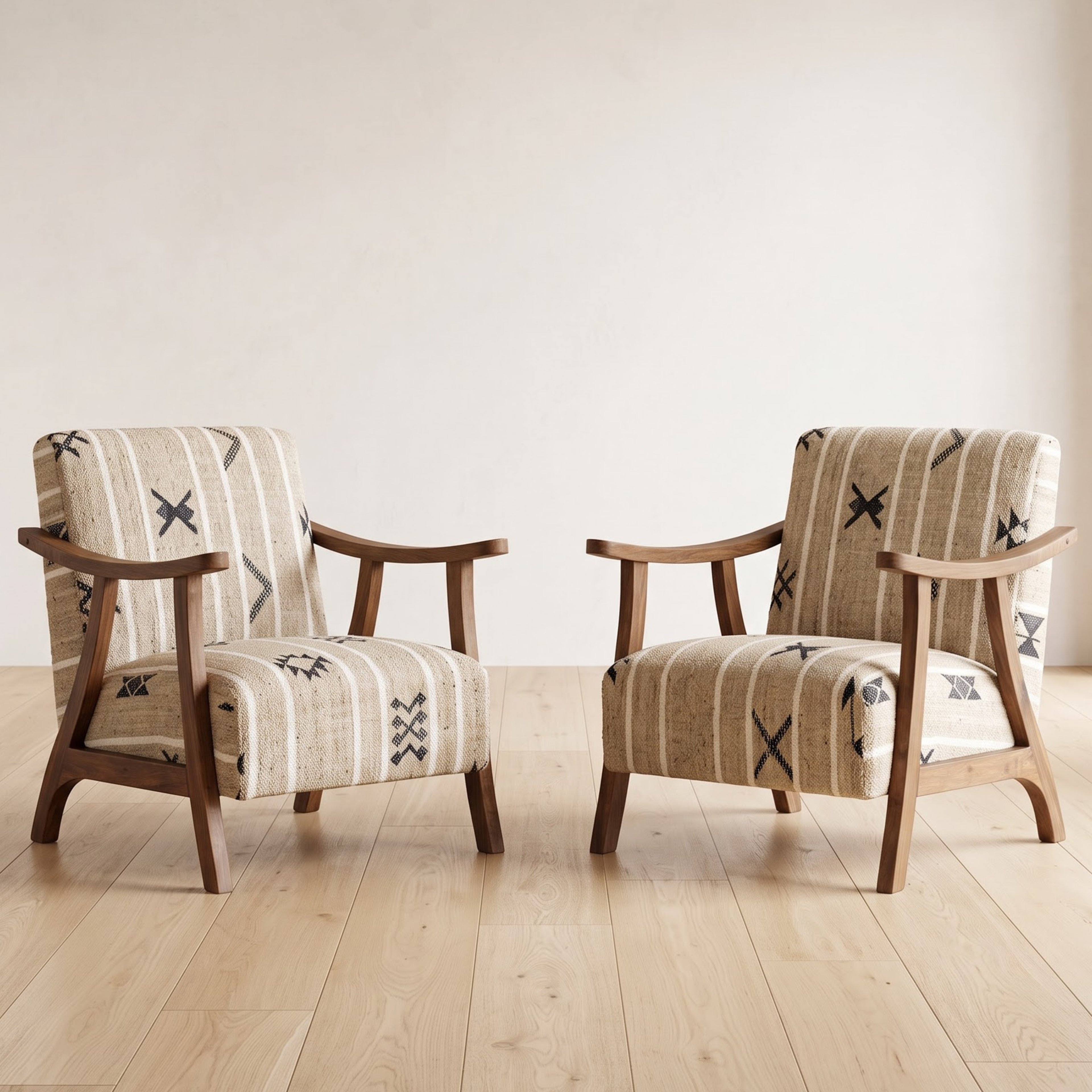 Handmade Moroccan Solid Walnut Armchair – Neutral Tribal Symbol Berber Kilim