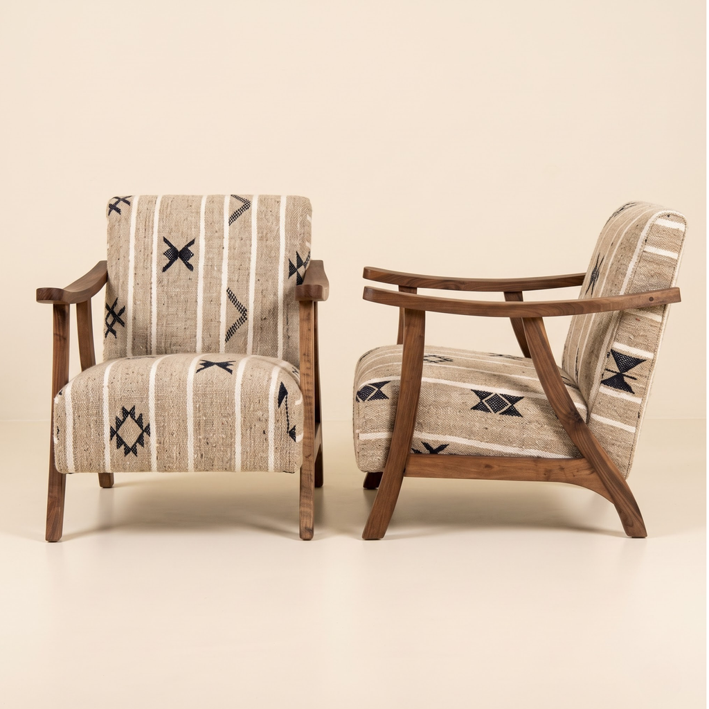 Handmade Moroccan Solid Walnut Armchair – Neutral Tribal Symbol Berber Kilim