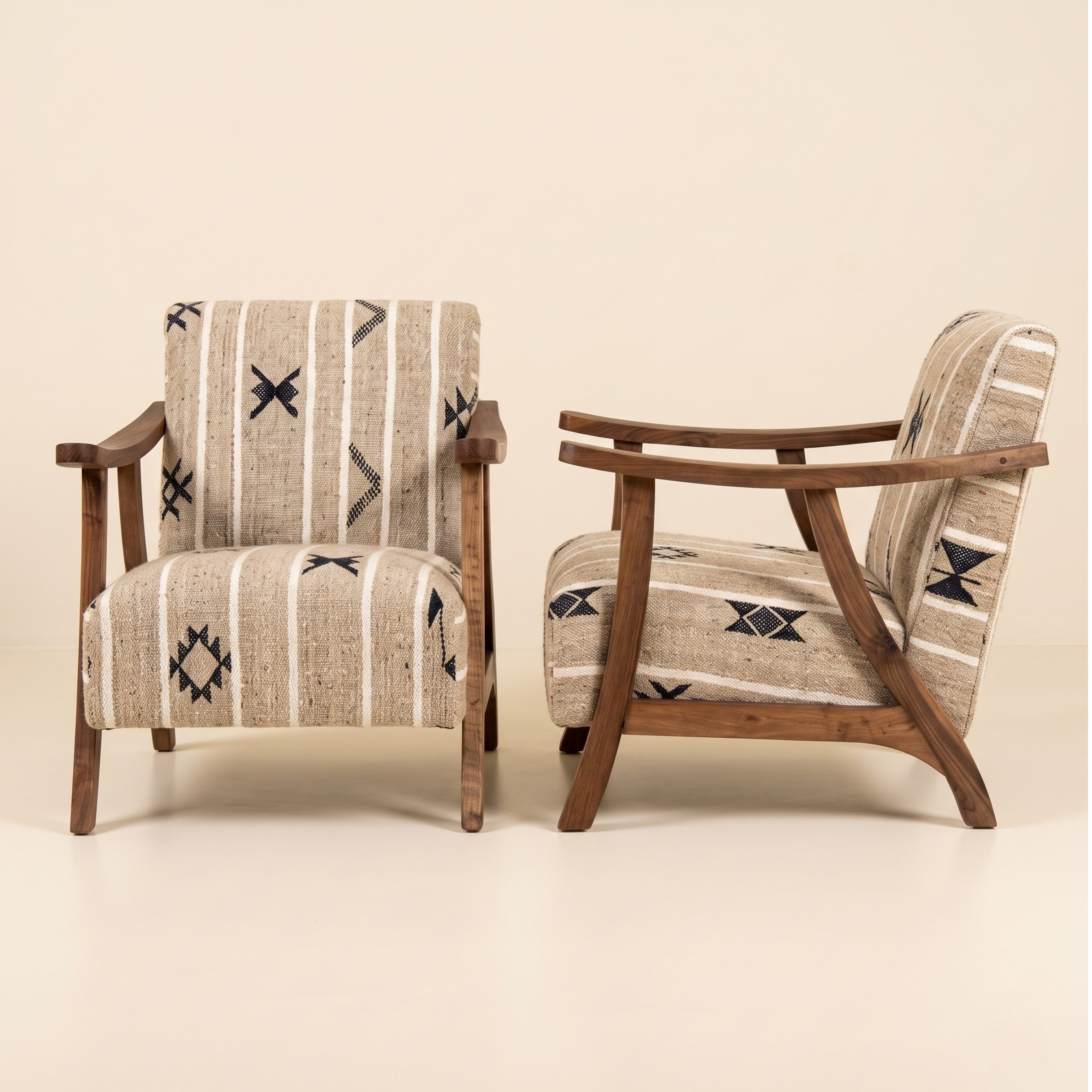 Handmade Moroccan Solid Walnut Armchair – Neutral Tribal Symbol Berber Kilim