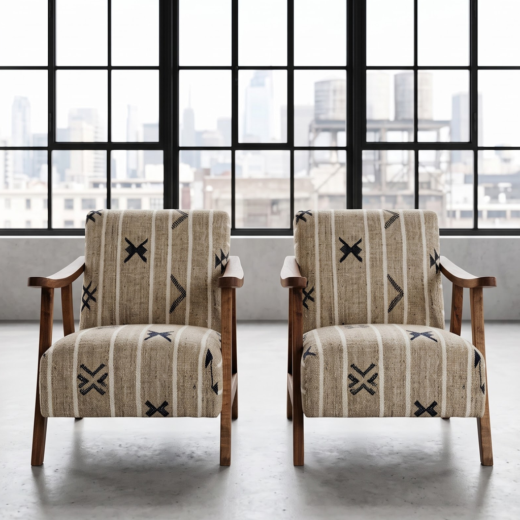 Handmade Moroccan Solid Walnut Armchair – Neutral Tribal Symbol Berber Kilim