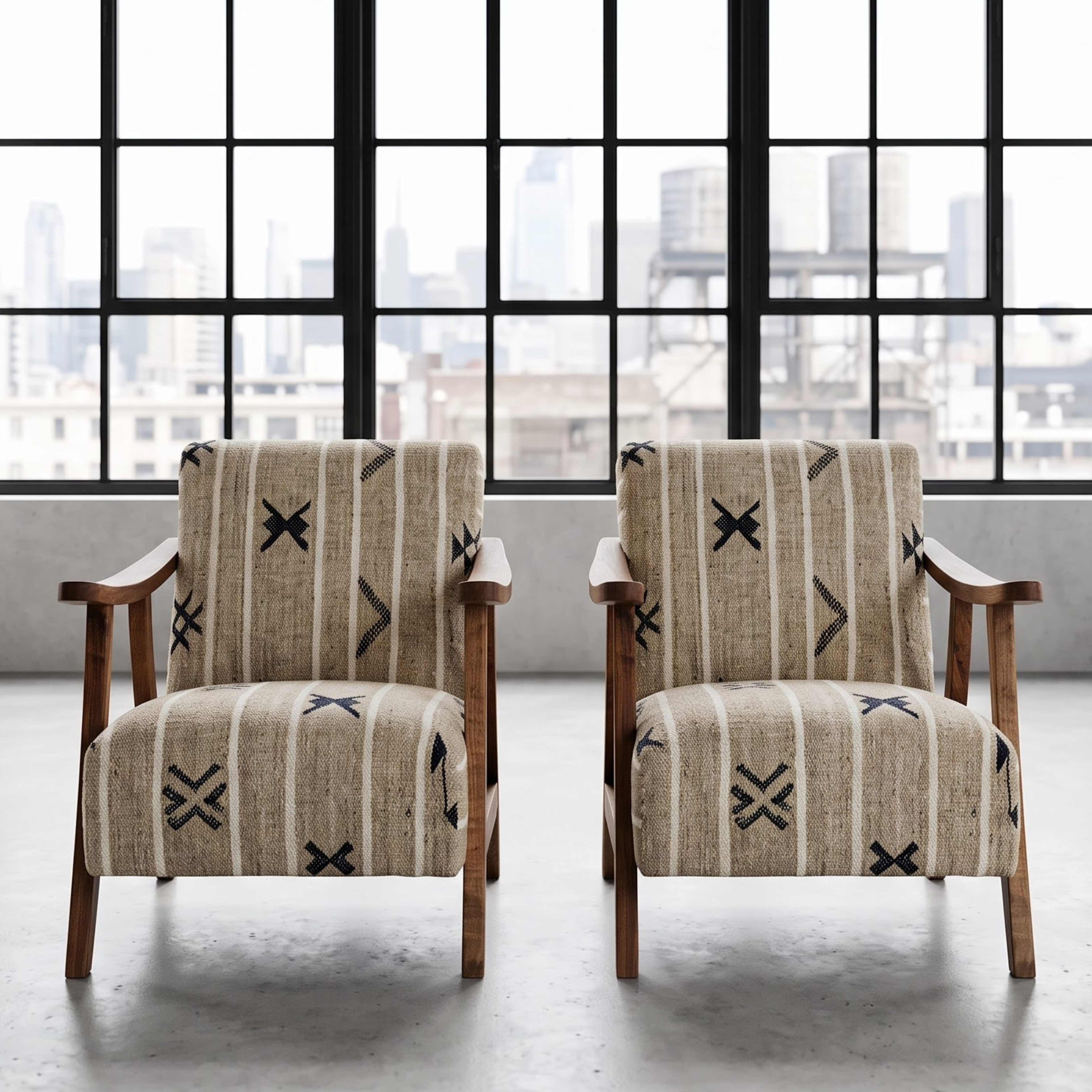 Handmade Moroccan Solid Walnut Armchair – Neutral Tribal Symbol Berber Kilim