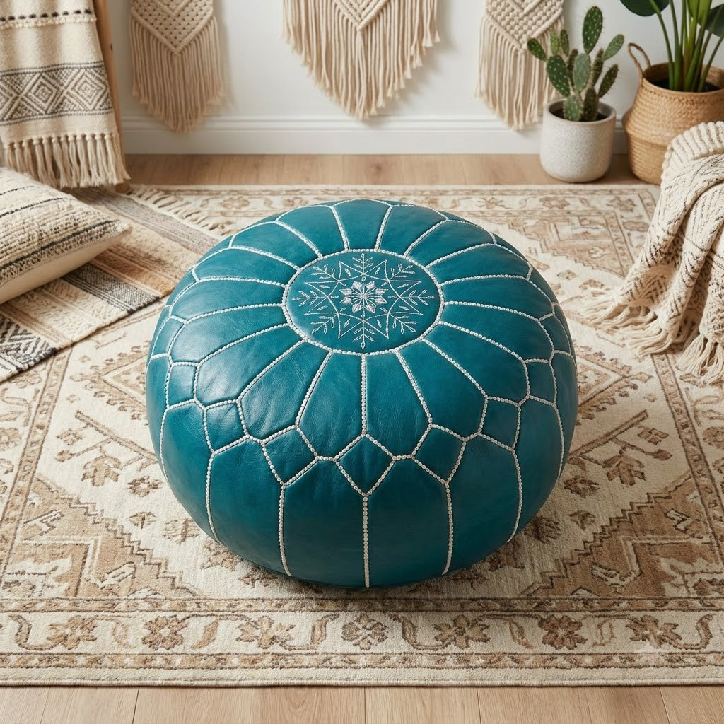 Genuine Moroccan Leather Pouf – Handcrafted Embroidered Ottoman Footstool