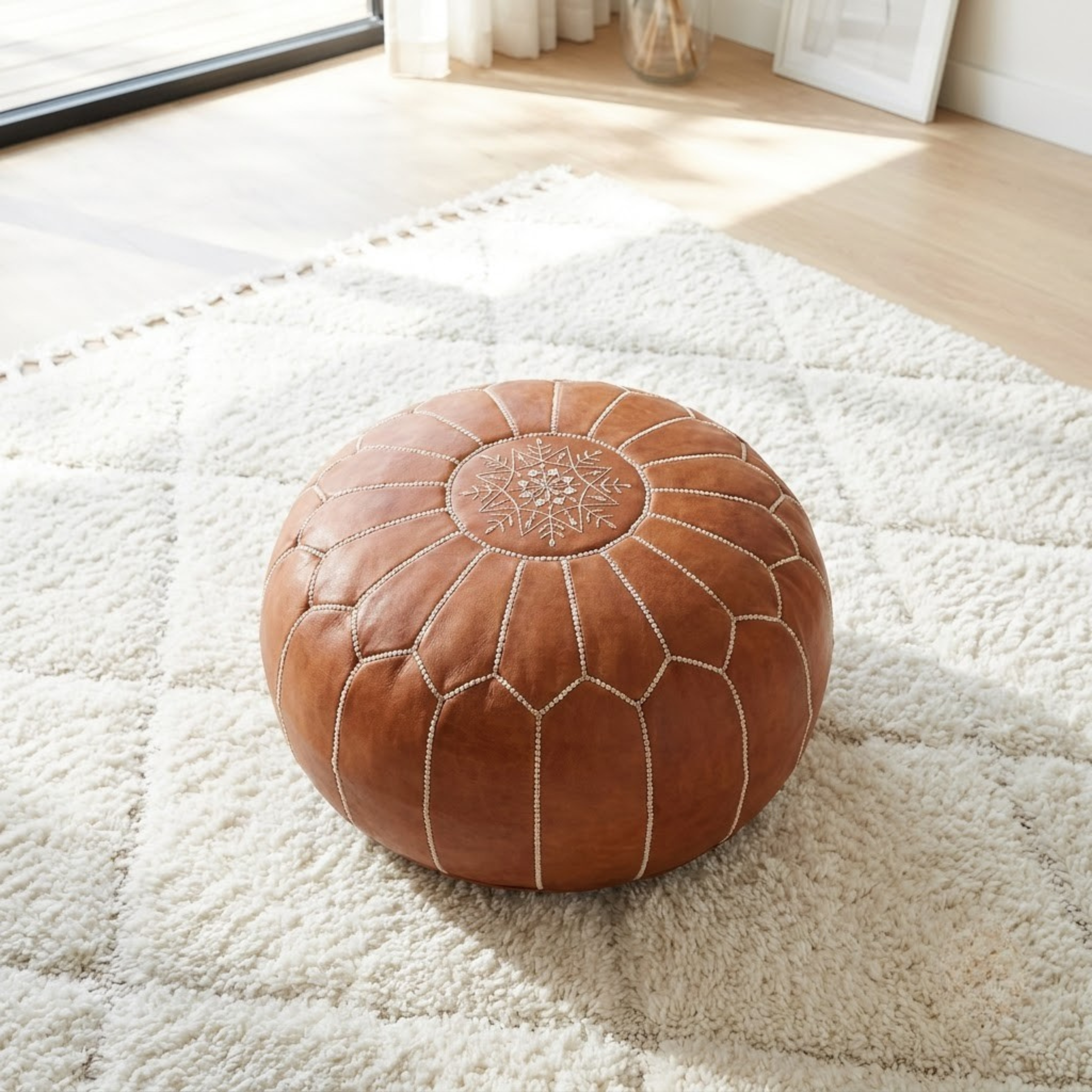Genuine Moroccan Leather Pouf – Handcrafted Embroidered Ottoman Footstool