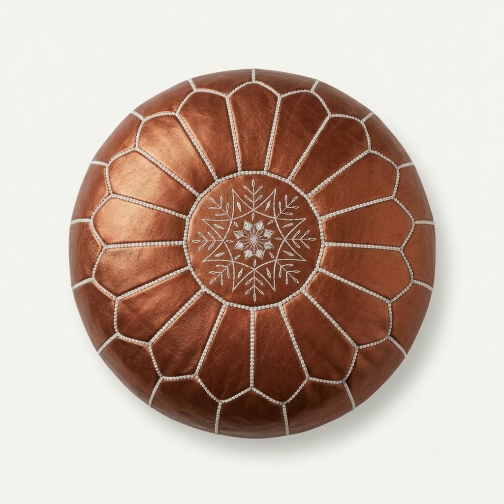 Genuine Moroccan Leather Pouf – Handcrafted Embroidered Ottoman Footstool