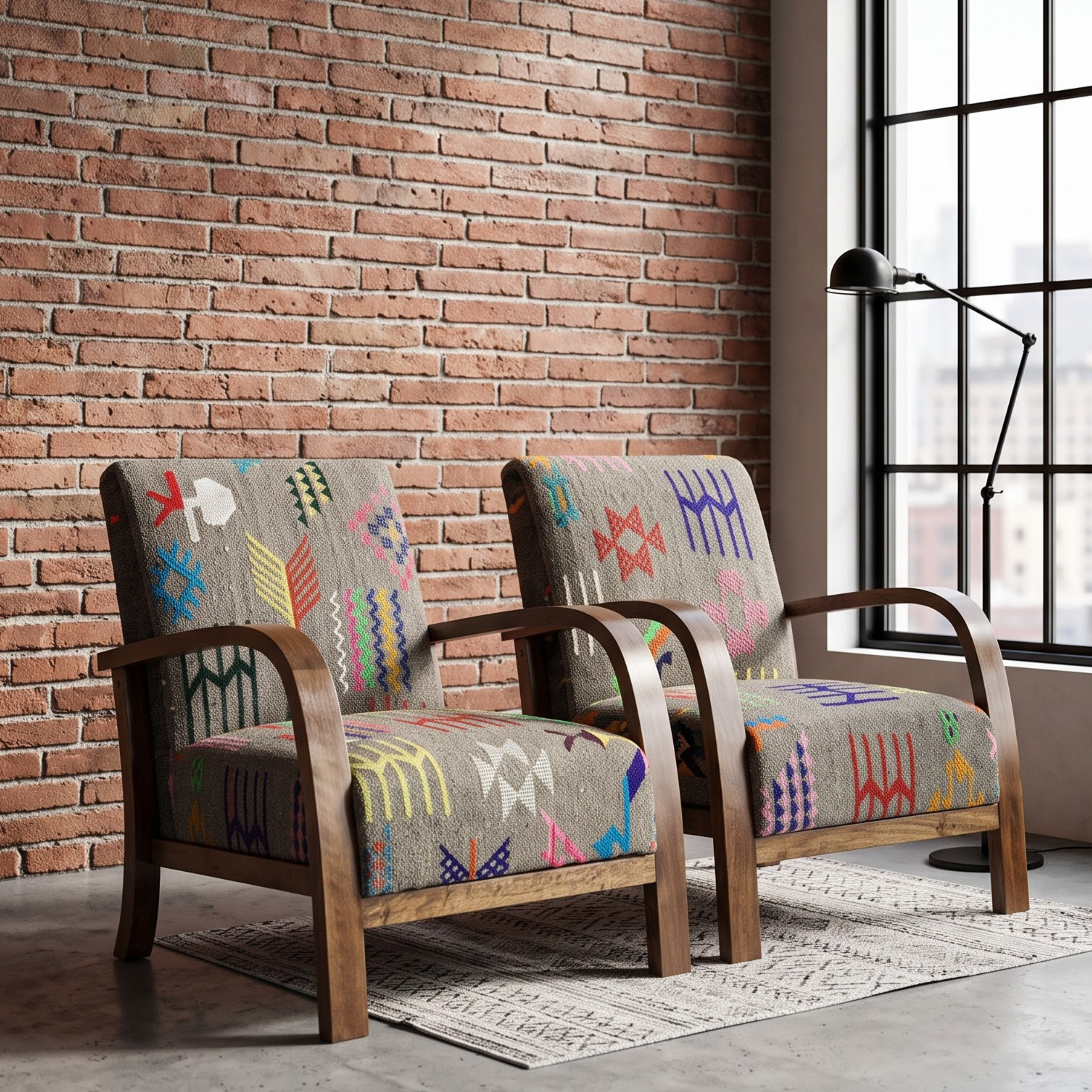 Mid-Century Accent Chair in Solid Walnut & Heathered Gray Moroccan Tribal Weave