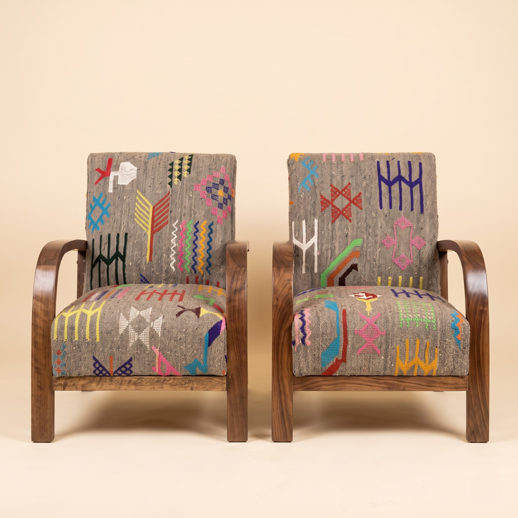 Mid-Century Accent Chair in Solid Walnut & Heathered Gray Moroccan Tribal Weave