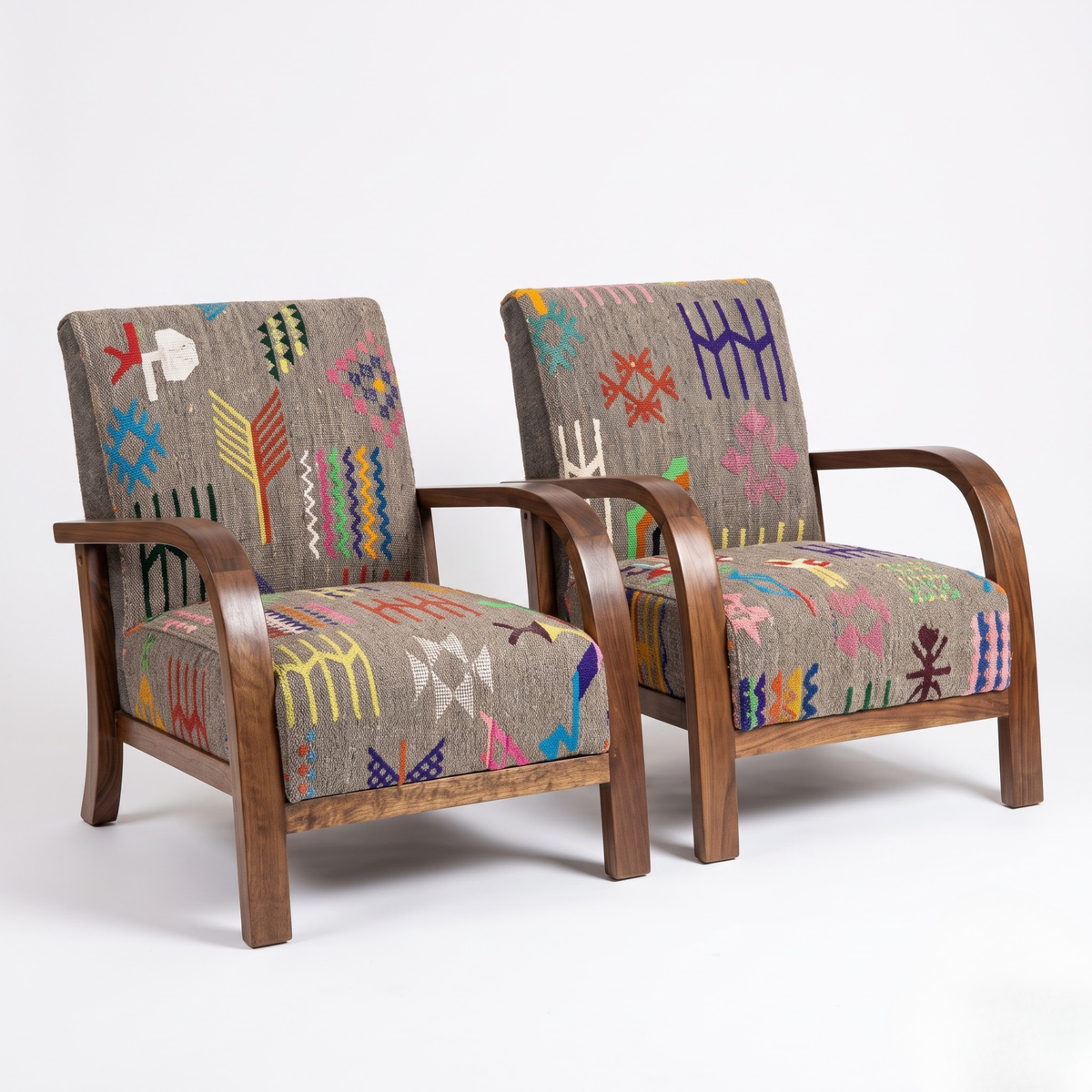 Mid-Century Accent Chair in Solid Walnut & Heathered Gray Moroccan Tribal Weave
